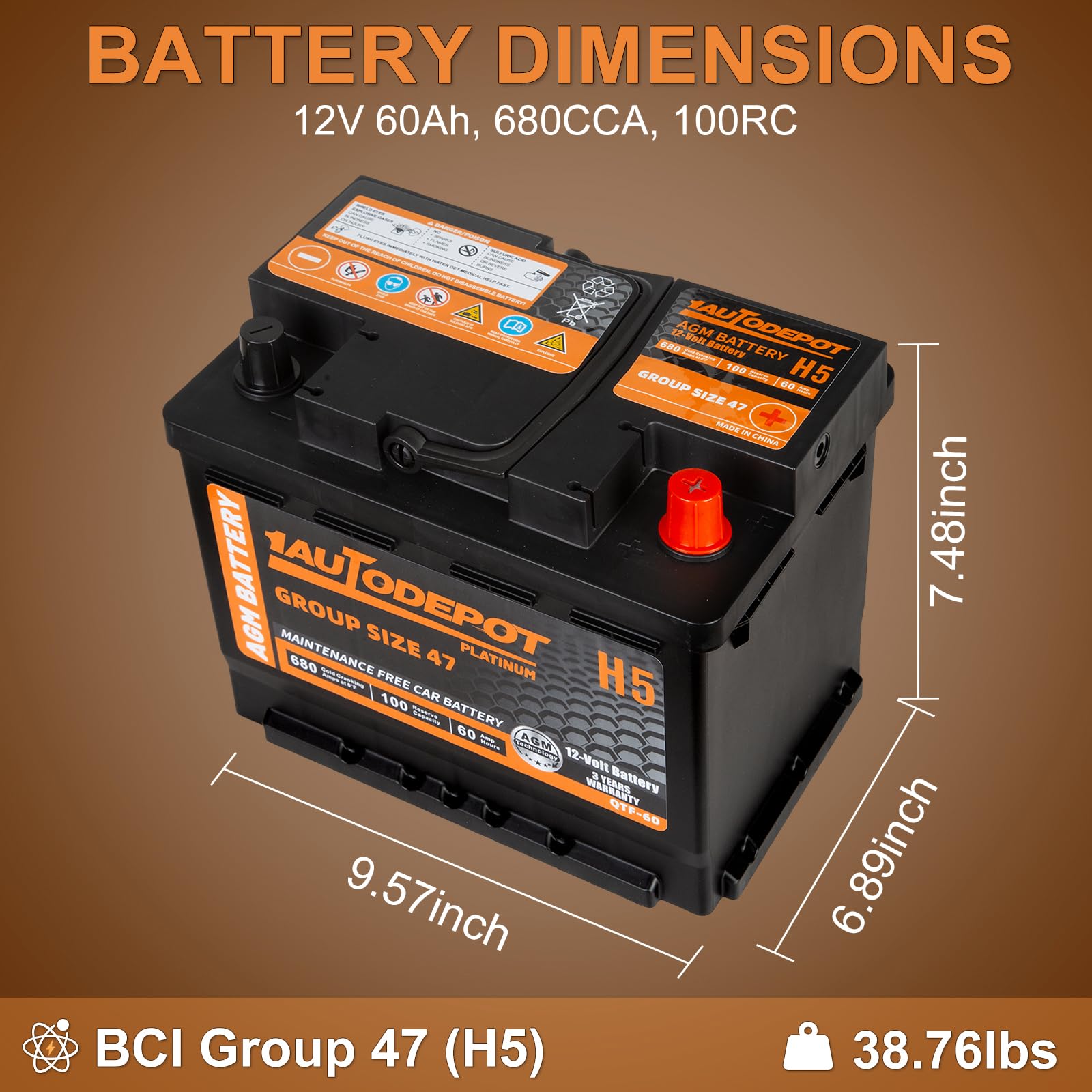 1Autodepot Bci Group 47 Car Battery, 12V 60Ah Size H5 Automotive Battery Premium Maintenance Free Agm Batteries, 680Cca, 100Rc