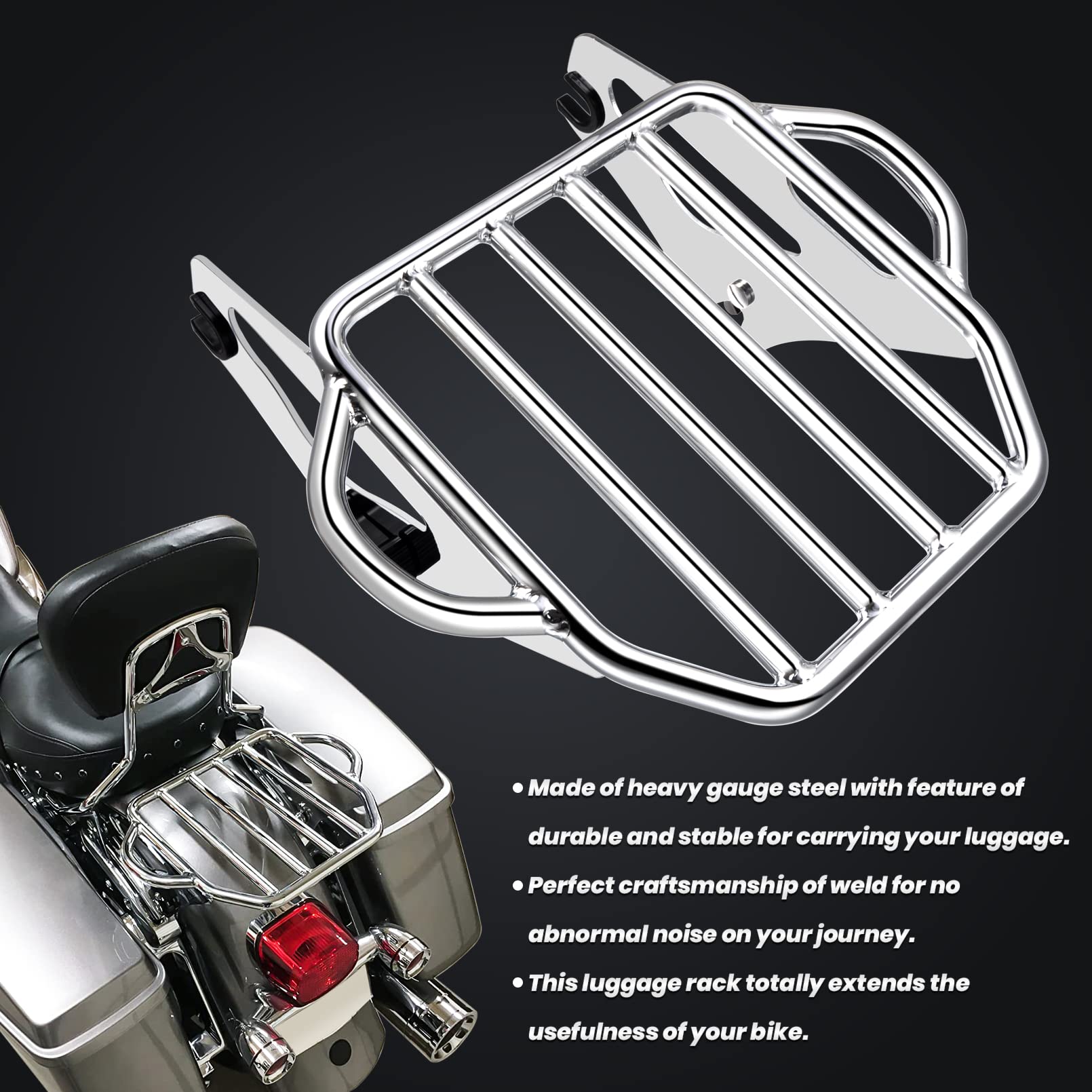 Benlari Chrome Detachable Luggage Rack 2-Up Mounting Rack Compatible For Harley Davidson Touring Road King Street Electra Glide