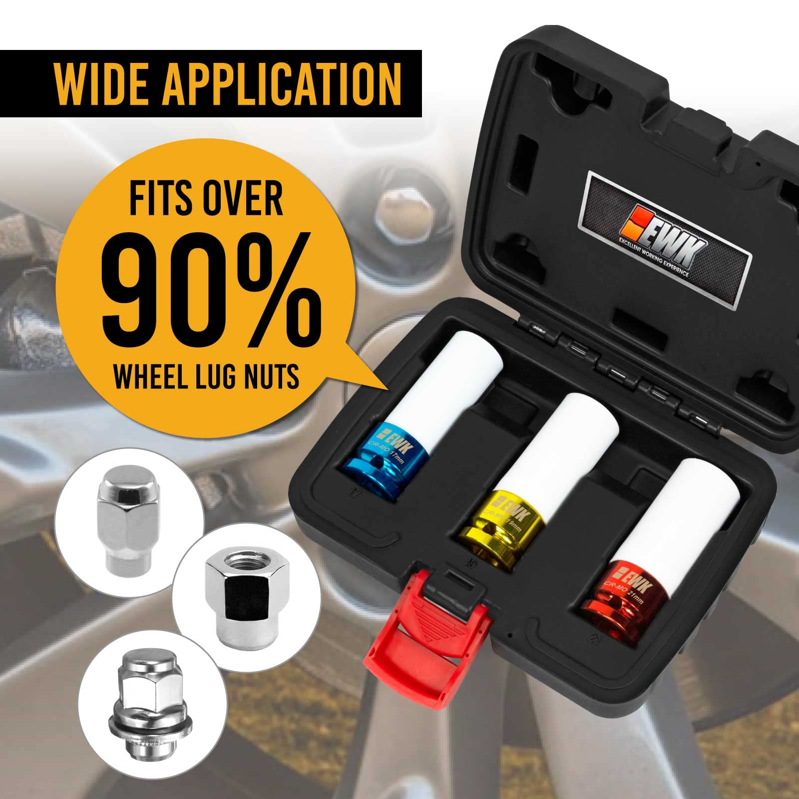 Ewk 3 Pcs 1/2'' Drive 17 19 21 Mm Lug Nut Impact Socket Set, Non-Marring Thin Wall Wheel Rim Protector Sockets, Cr-Mo, Mertic