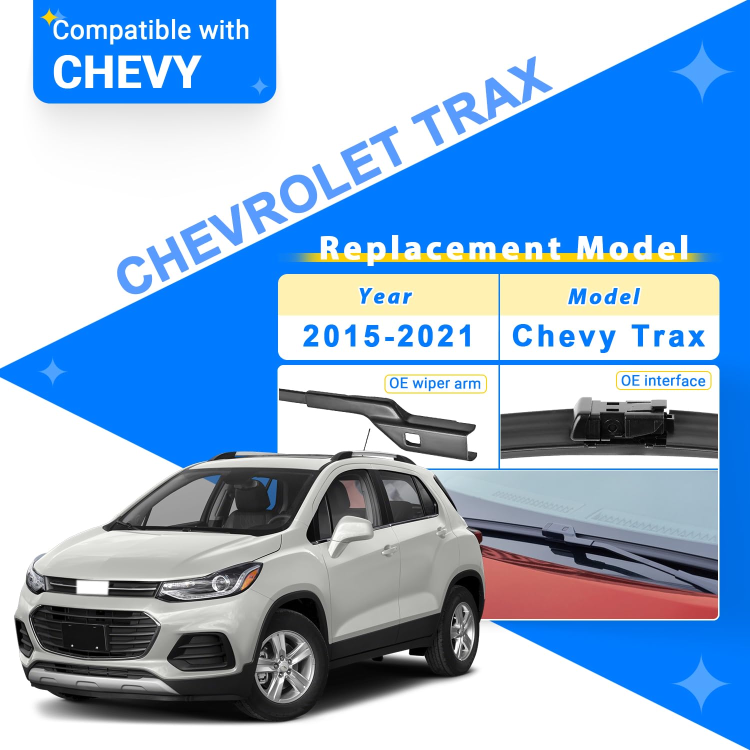 Raintok Windshield Wiper Blade Set Replacement For 2015-2021 Chevy Chevrolet Trax Original Equipment Replacement Front Rear Wipe