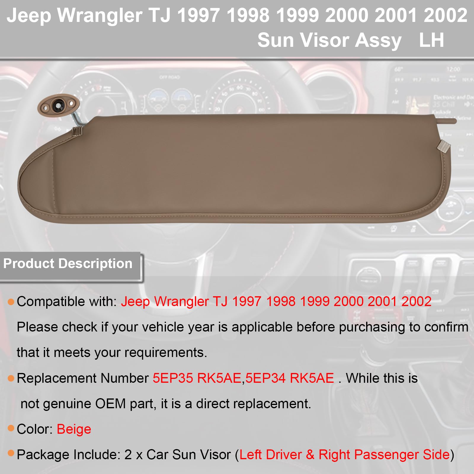 NHILES Left Driver & Right Passenger Sun Visor Compatible with Jeep Wrangler TJ 1997-2002 Sunshade Replacement Number 5EP35 RK5A