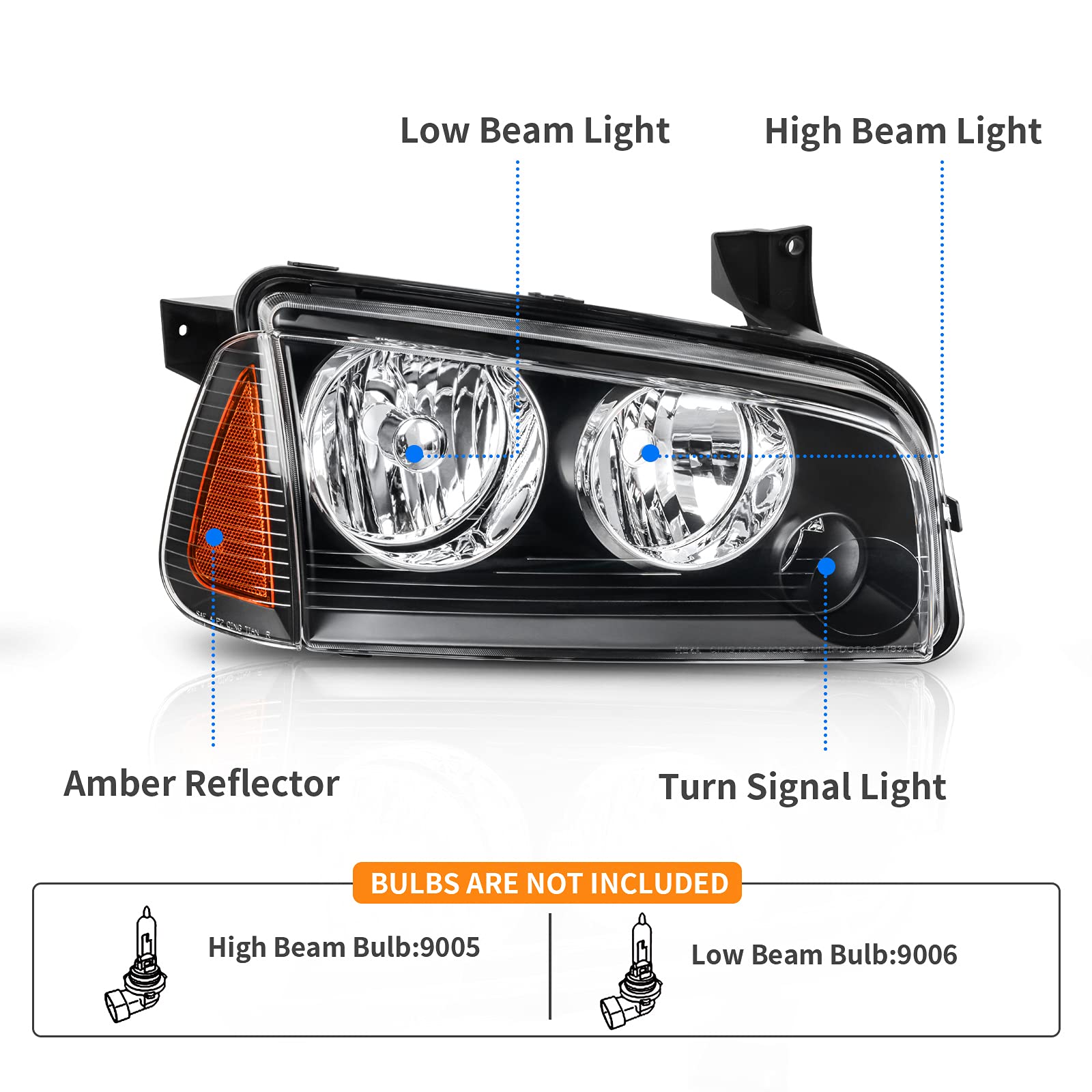 Dwvo Headlight Assembly Compatible With 2006-2010 Dodge Charger Black Housing Amber Reflector (Driver & Passenger Side)