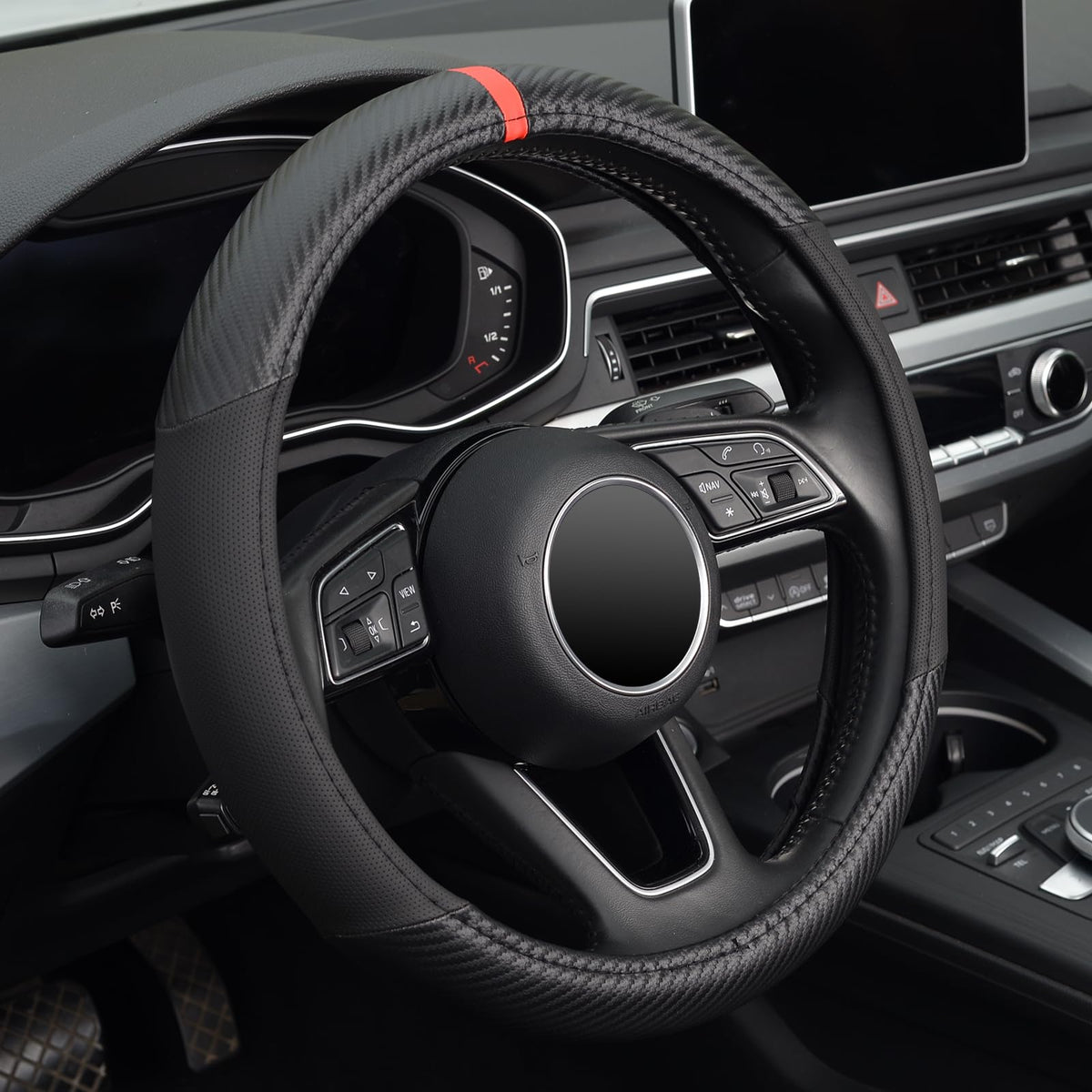 Kafeek Steering Wheel Cover,Universal 15 Inch, Microfiber Leather Carbon Fiber, Anti-Slip, Odorless, Black