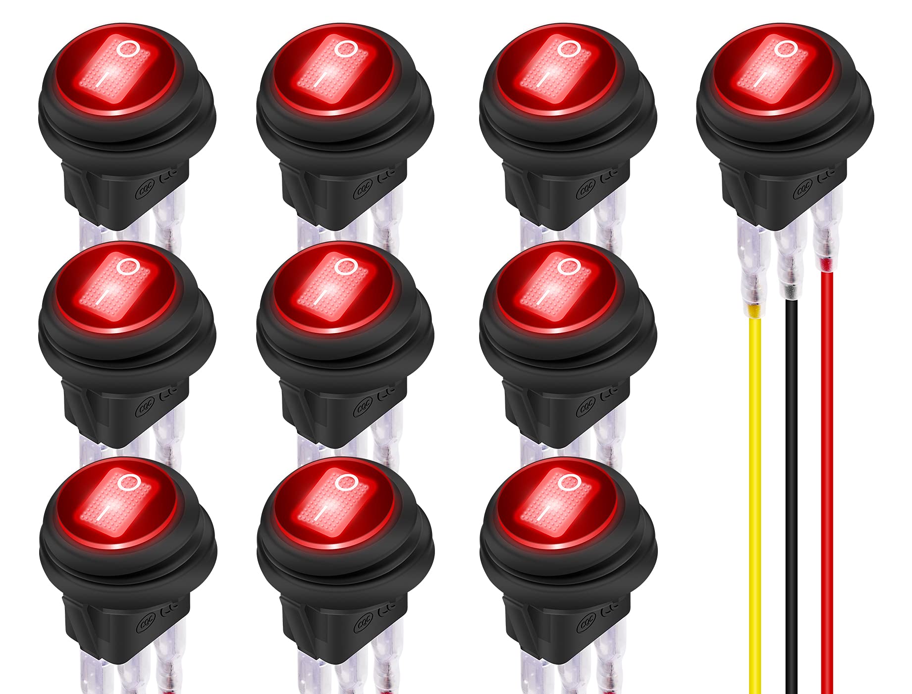 Daiertek 12V Round Rocker Switch Waterproof Red Led Round Toggle Switch Lighted Dc 12 Volt 20A On Off 3 Pin Spst For Marine Boat Automotive Car - 10 Pack