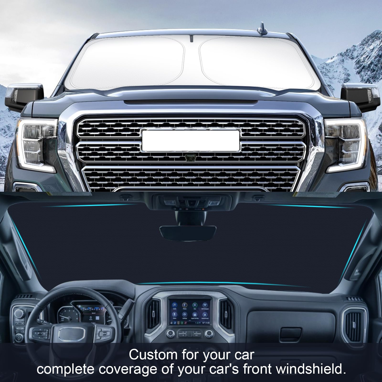 SHINEHOME Car Windshield Sun Shade Compatible with 2025 2024 2023 2022 2021 2020 2019 GMC Sierra 1500 2500 3500 SLT, AT4, Denali Accessories Foldable Sunshade Truck Custom Windshield Sun Visor