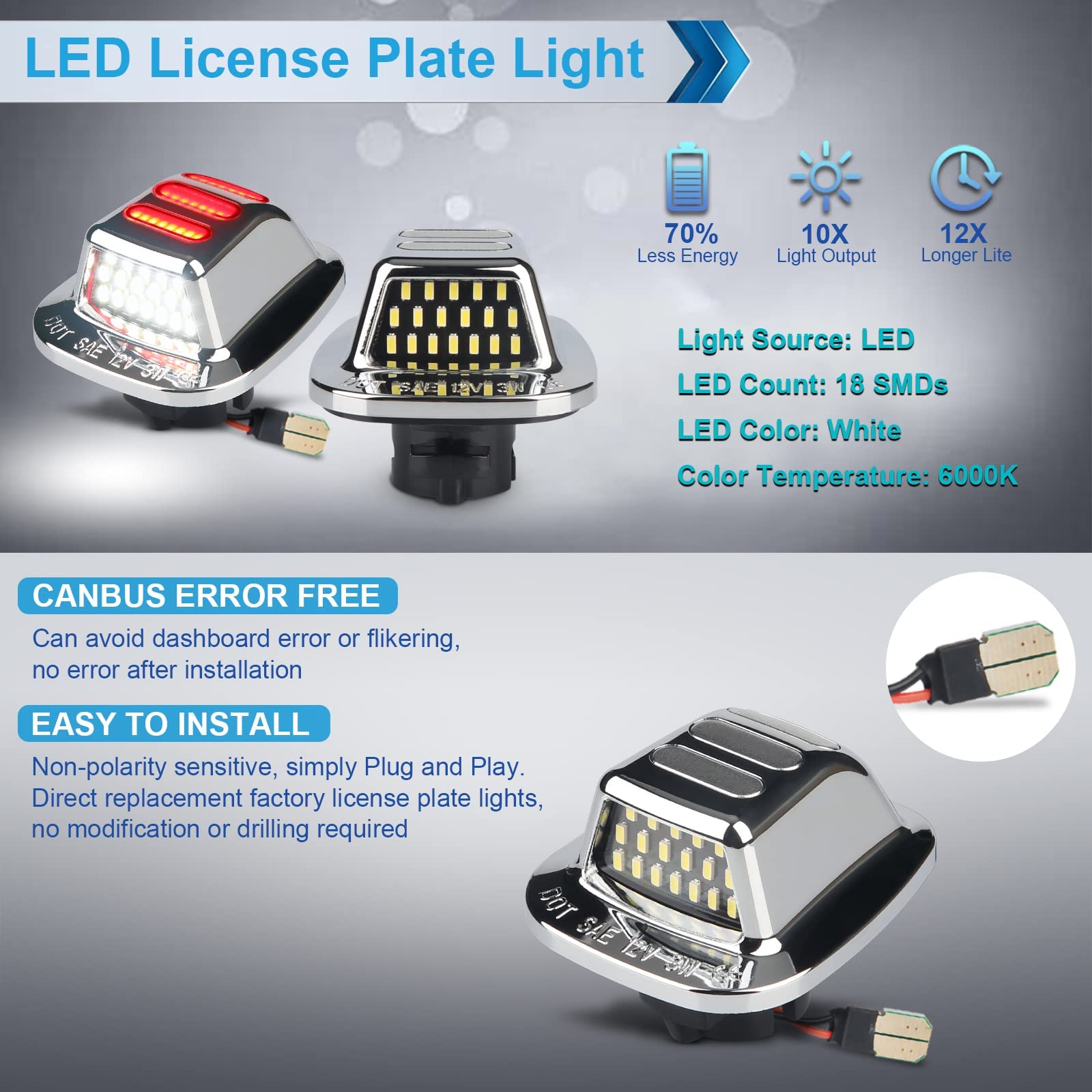 Mbuydiy Led License Plate Light Lamp With Red Oled Neon Tube Compatible With Chevy K1500 C1500 1988-1999, Silverado Sierra 1988-1998, Tahoe Yukon Suburban S10 Chrome Housing 6000K White, Pack Of 2