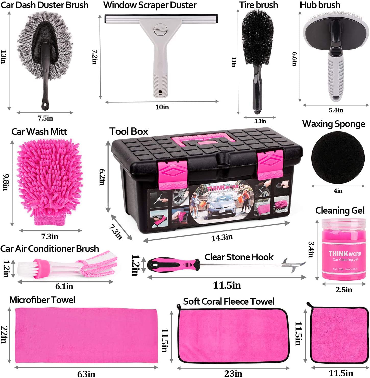 Thinkwork Pink Car Detailing Cleaning Kit, Car Wash Kit, Car Accessories For Women Suitable For Small And Medium Vehicles Such As Cars, Trucks, Suvs(17Pcs)