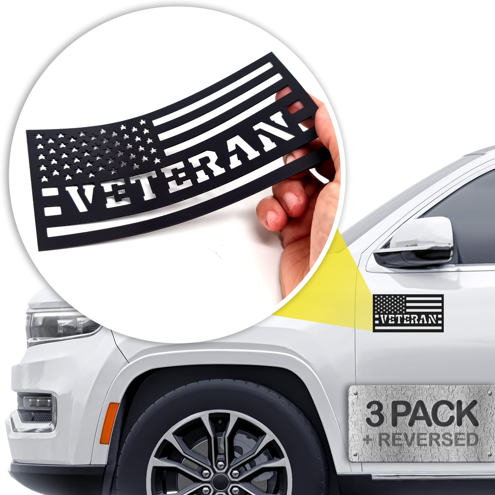 American Flag Magnets For Trucks & Cars (3 Pack) - Veteran Edition + Bonus Reverse Flag | Magnetic Us Flags Cut-Out | Powerful Magnet - Will Never Fall Off Your Vehicle | Black | Not For Aluminum Cars