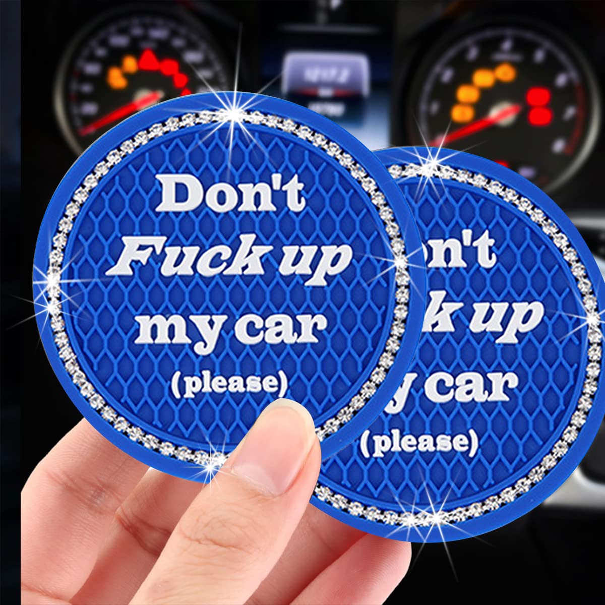 Ziciner 2 Pack Bling Car Cup Holder Coasters With Start Stop Button Cover, 2.75 Inch Crystal Rhinestone Soft Rubber Auto Cup Ins