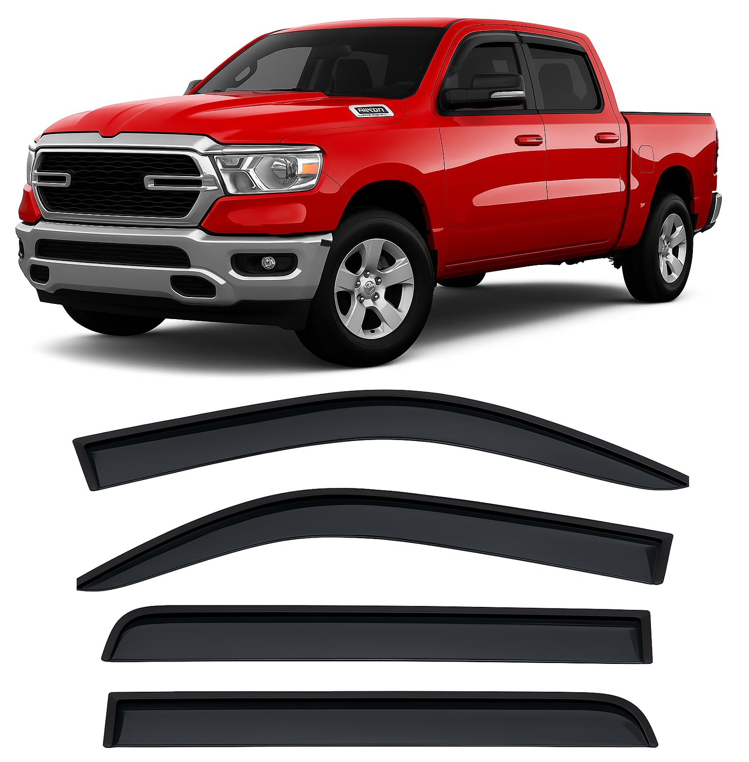 2019-2025 Tape-On Side Window Deflector Visors Compatible With Dodge Ram 1500 Crew Cab Only Smoke Tinted Rain Guards 2020 2021 2