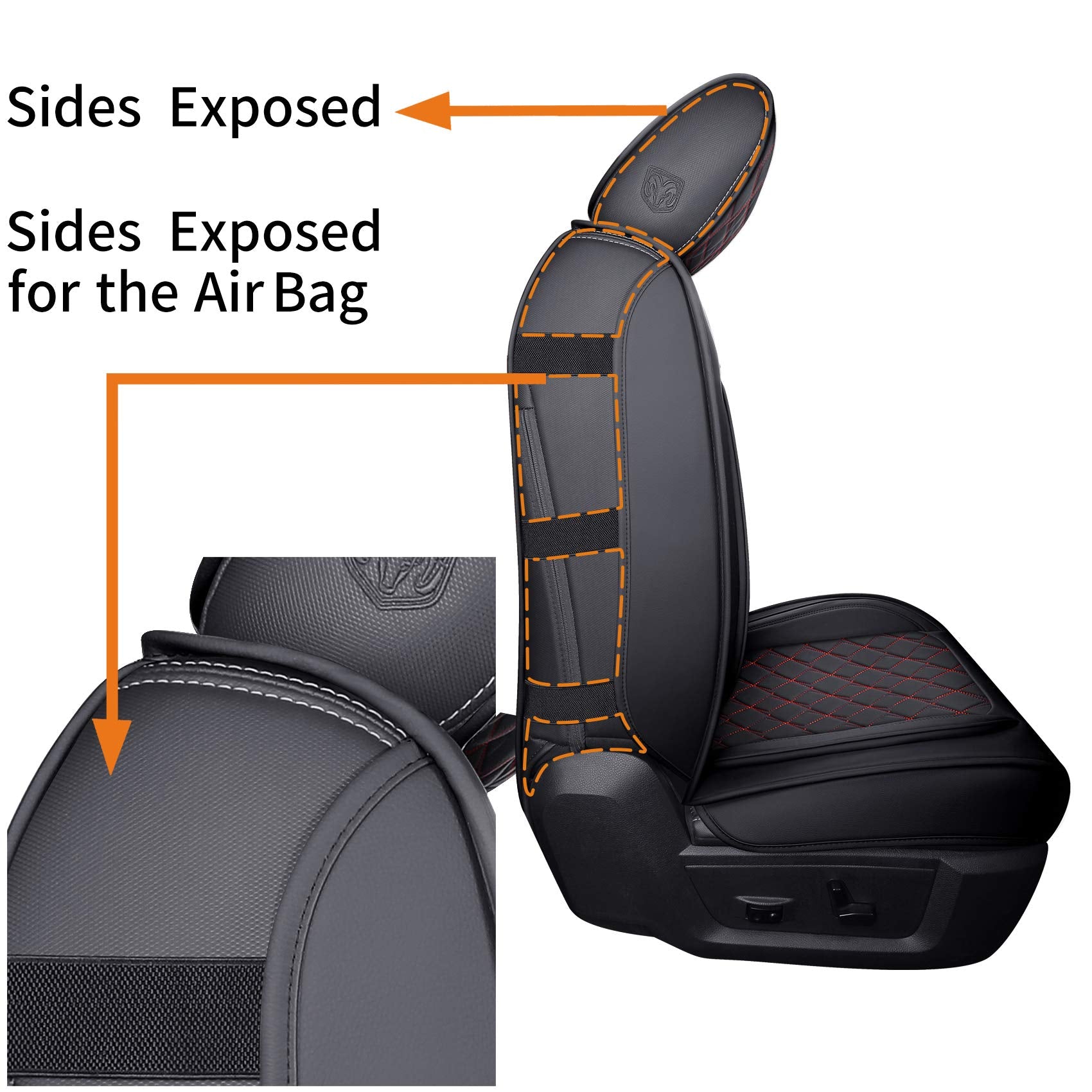 Aierxuan Dodge Ram Front Seat Covers Custom Fit 2009-2023 1500 2500 3500 Crew Quad Regular Cab Truck Pickup Waterproof Leather Airbag Compatible Cushions(2 Pcs Front/Black-Red)