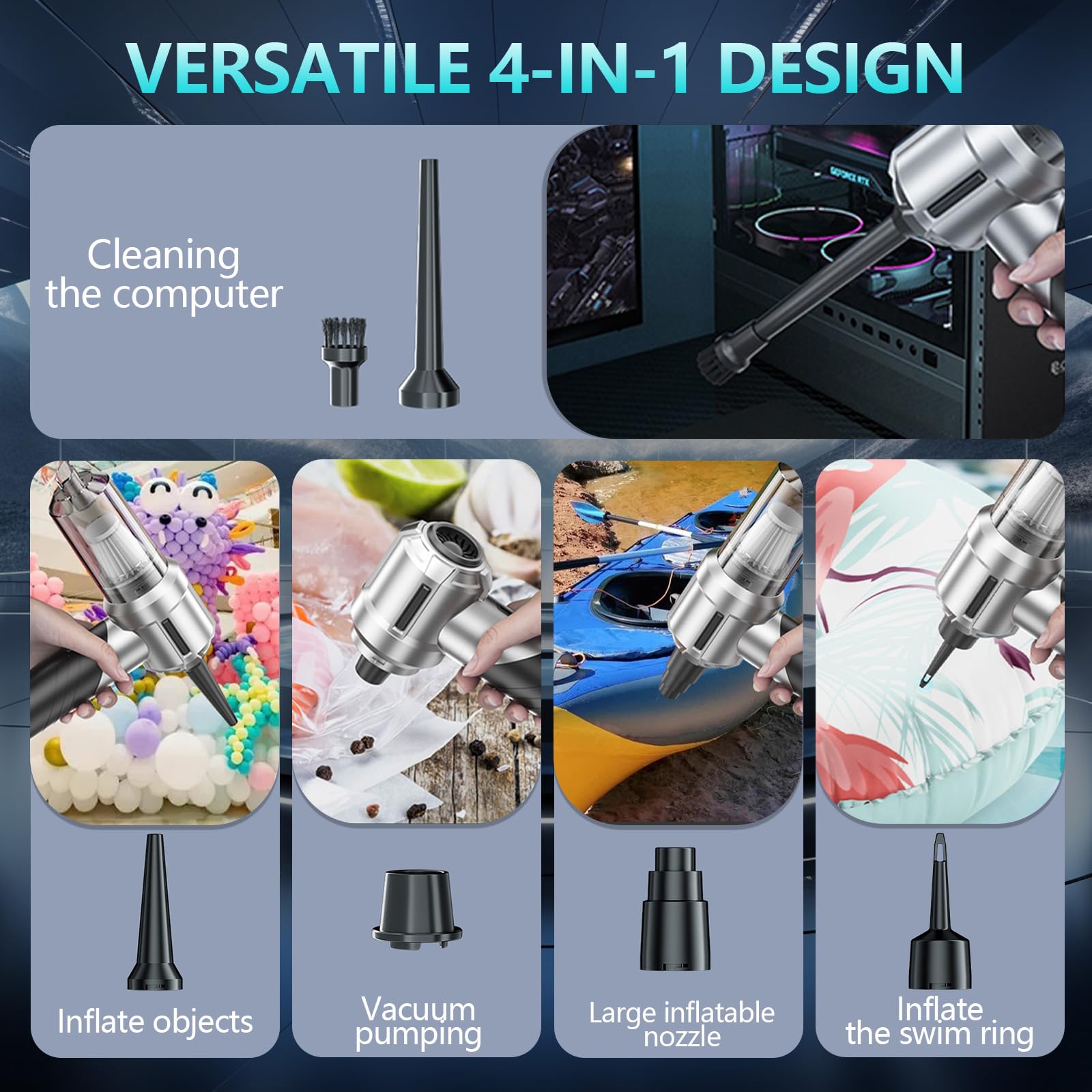 Houscly Portable Cordless Foldable 20000Pa High Power Mini Vacuum Cleaner, 4-In-1 Compressed Duster & Air Blower & Pump, Hand He