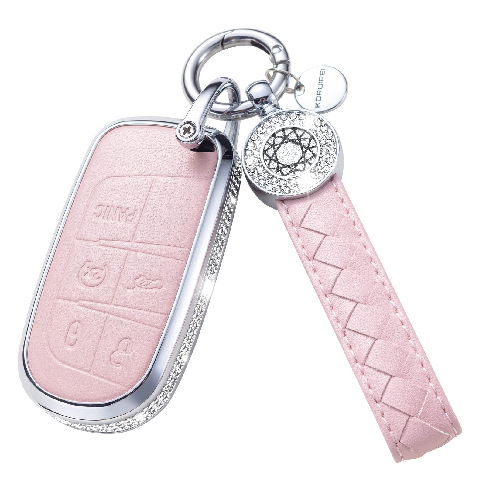 Ruabiban For Jeep Key Fob Cover With Keychain, Pink Genuine Leather Crystal Key Case Protection Shell Compatible With Jeep Smart