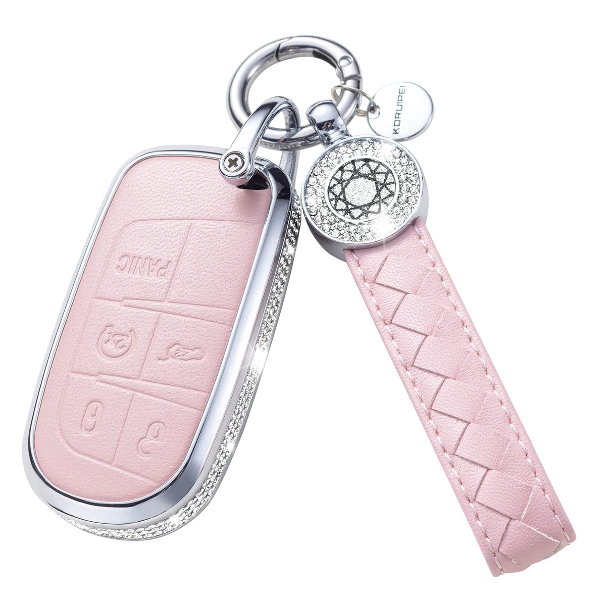 Ruabiban For Jeep Key Fob Cover With Keychain, Pink Genuine Leather Crystal Key Case Protection Shell Compatible With Jeep Smart