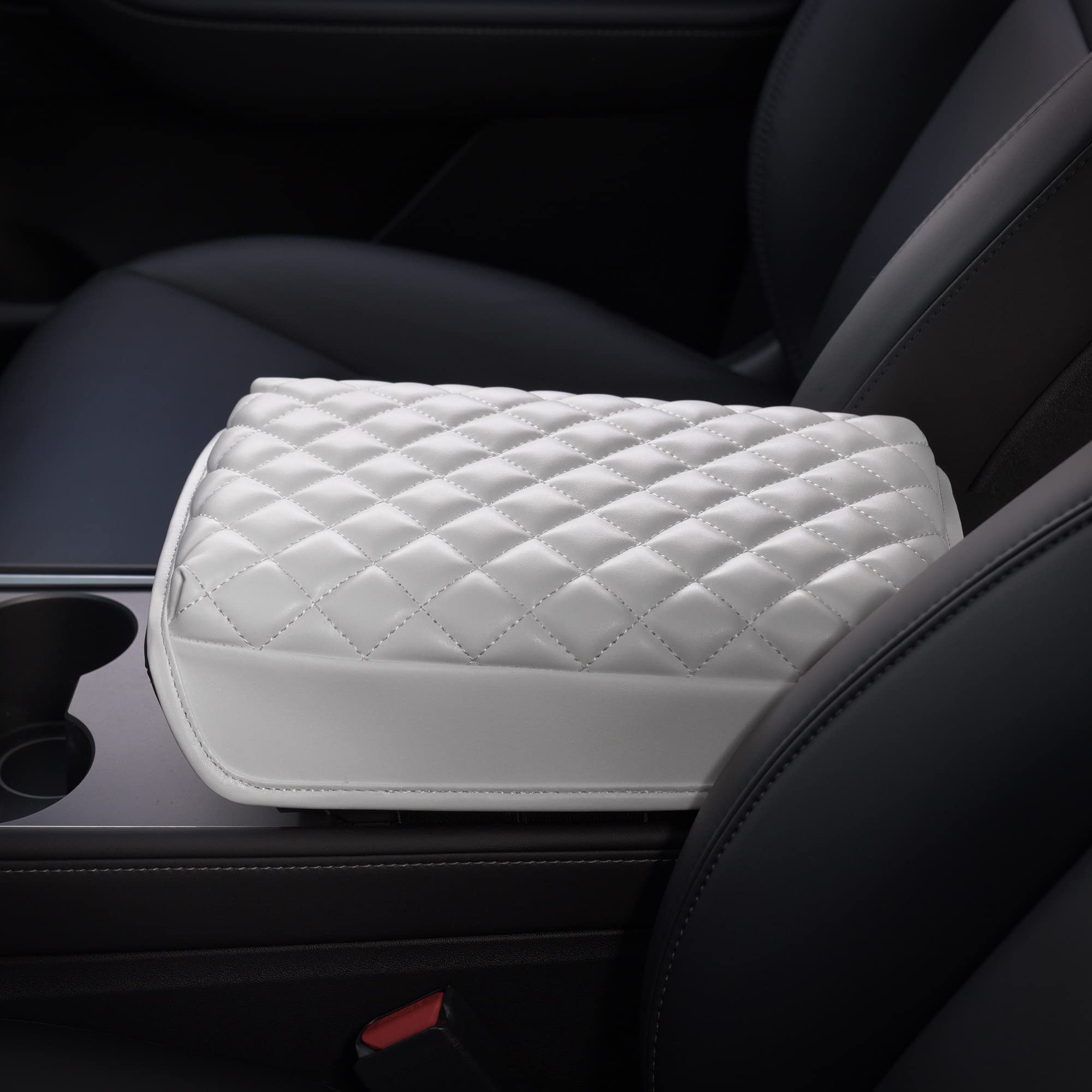 Kmmotors Model Y, Model 3 Center Console Cover Quilting White, Armrest Cushion, Console Protector, Vegan Leather, Tesl* Accessor
