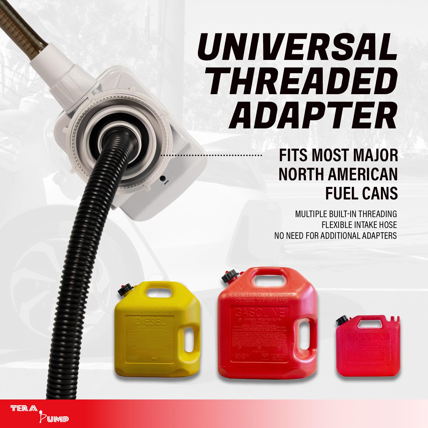 TERA PUMP TRFA03 Universal Gas Can Adapter Battery Powered Fuel Transfer Pump (2.6 GPM) No Spill Sensor, 3.28 ft Vinyl Hose, Pow