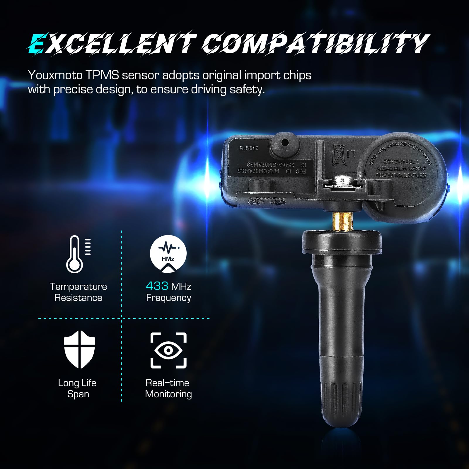 Youxmoto Tpms Tire Pressure Sensor 433Mhz Fit 56029398Ab, Fit For Jeep Grand Cherokee Wrangler, Fit For Dodge Charger Challenger, Fit For Chrysler/For Fiat/Ram 1500 2500 3500, Fit 68241067Ab (4Pcs)