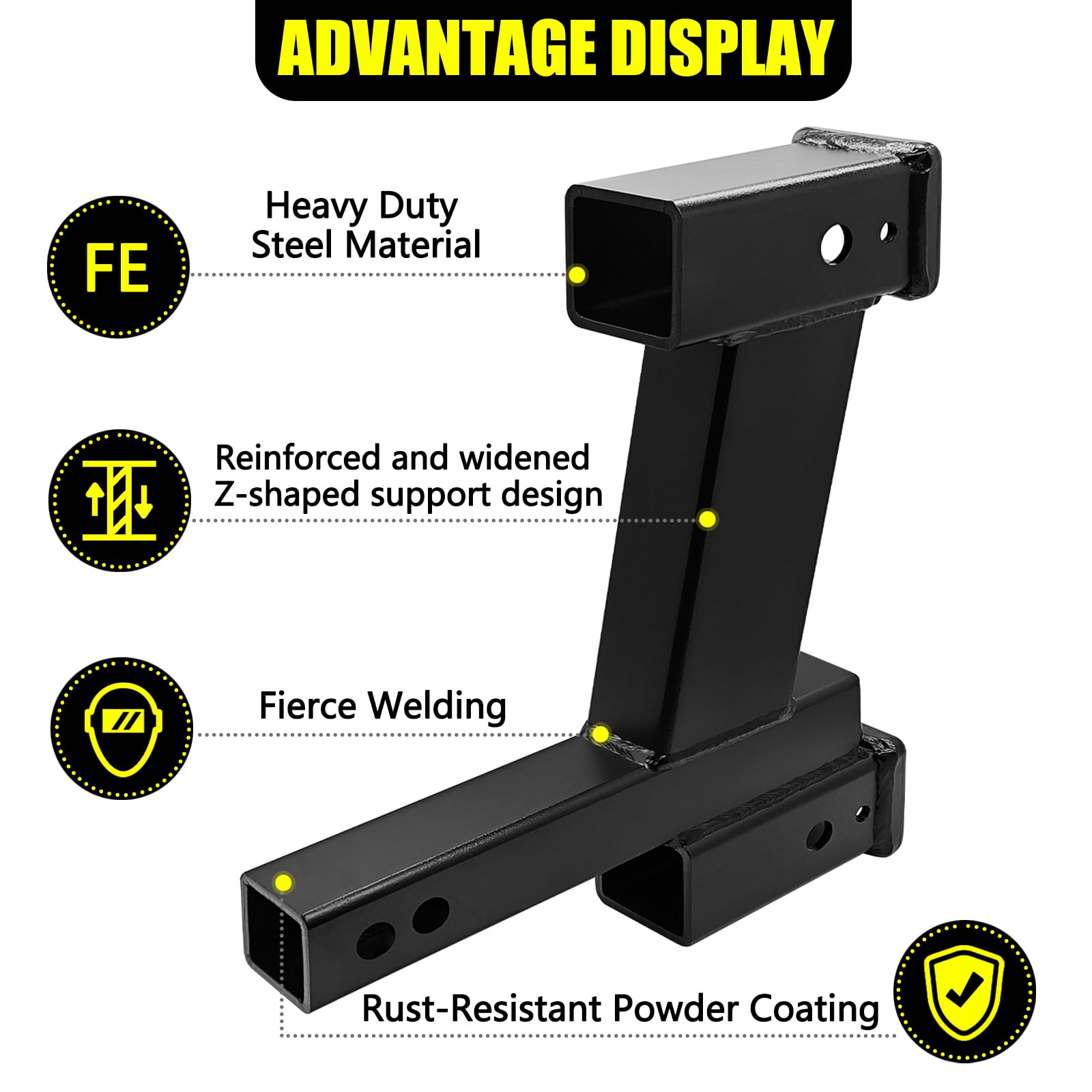 Kairay Trailer Dual Hitch Extender Adapter With 2-Inch & 10-Inch Riser/Drop, Fit For 2'' Receiver, 2-Inch Solid Shank, 10000Lbs