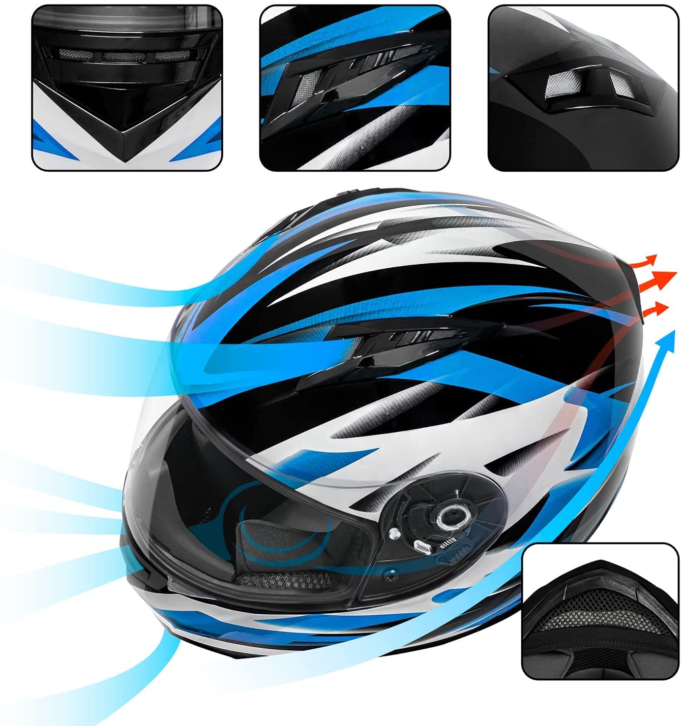 Vcan Vx Lightweight Full Face Motorcycle Street Bike Helmet With Extra Tinted Visor Dot Approved (Gloss Black Stream Blue, Mediu