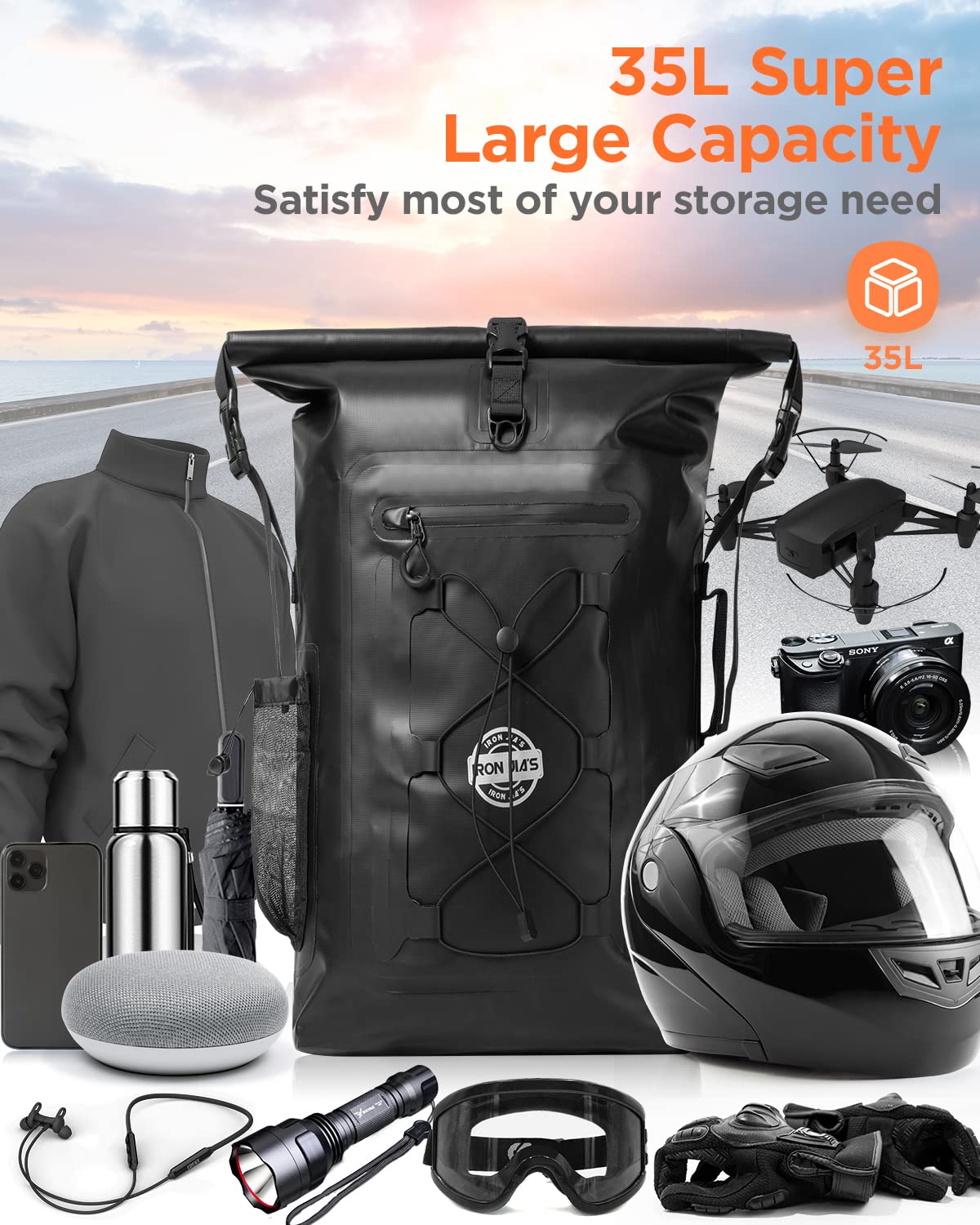 Grapelet Motorcycle Sissy Bar Bag Waterproof Motorcycle Backpack Tail Bags Travel Saddlebags 35L Duffle Bags PVC 500D Waterproof