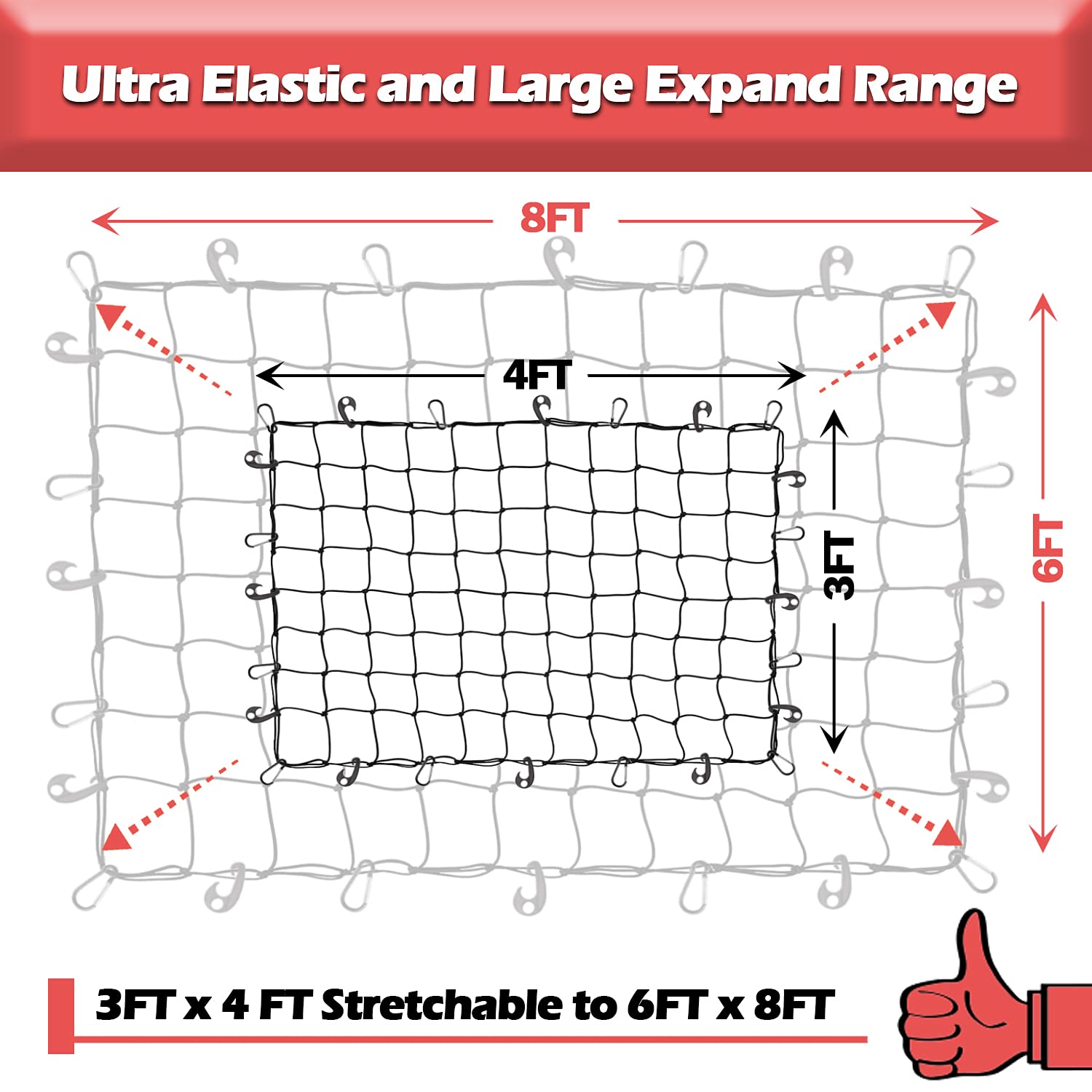 ZUOZE Natural Latex Core Cargo Net for Car SUV Roof Rack | 3'x4' Stretches to 6'x8' Small Bungee Net for Pickup Bed | 12 Carabin