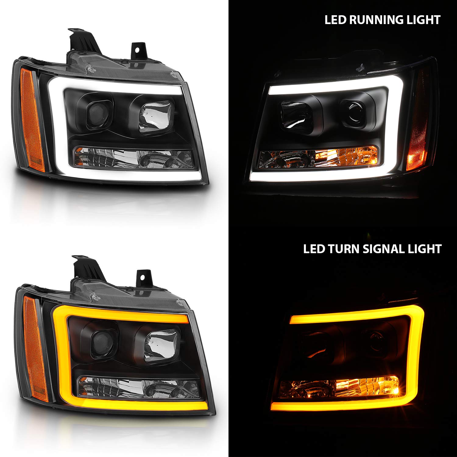 Amerilite For 2007-2013 Chevy Avalanche/Suburban/Tahoe Switchback Led Tube Turn Siganl Projector Black Replacement Headlights Pa