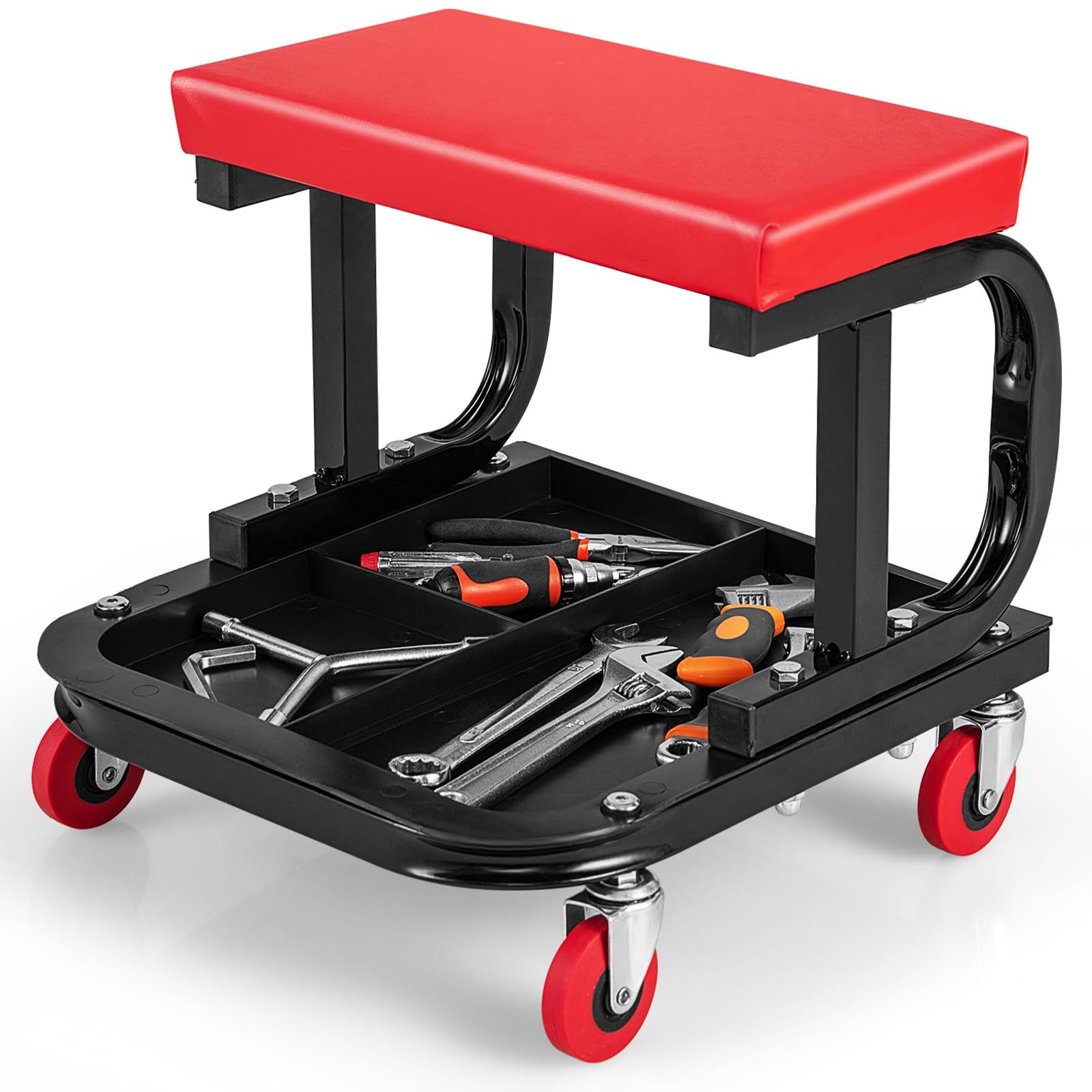 Ironmax Rolling Creeper Seat, Garage Shop Stool On Wheels With Padded Seat & Tool Tray Storage, 330 Lbs Capacity, Heavy Duty Mechanic Stool Chair Car Detailing Creeper For Workshop, Home