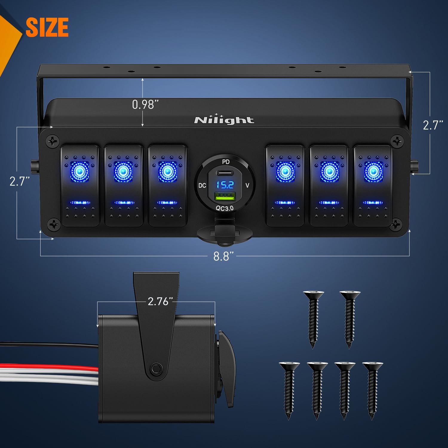 Nilight 6 Gang Rocker Switch Box 12V Spst On Off Pd Type C And Usb Charger Voltmeter Waterproof Aluminum Panel Night Glow Sticke