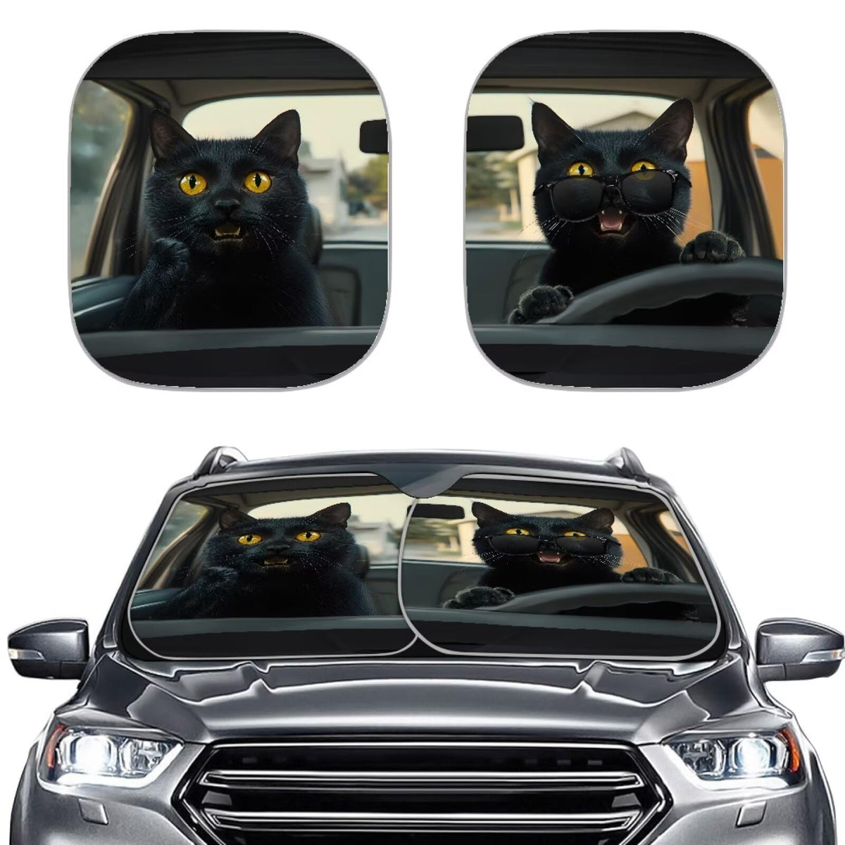 Huisefor Black Cat Car Windshield Sunshade 2 Piece Foldable Car Sun Shade For Women Heat Resistant Windshield Cover For Automoti