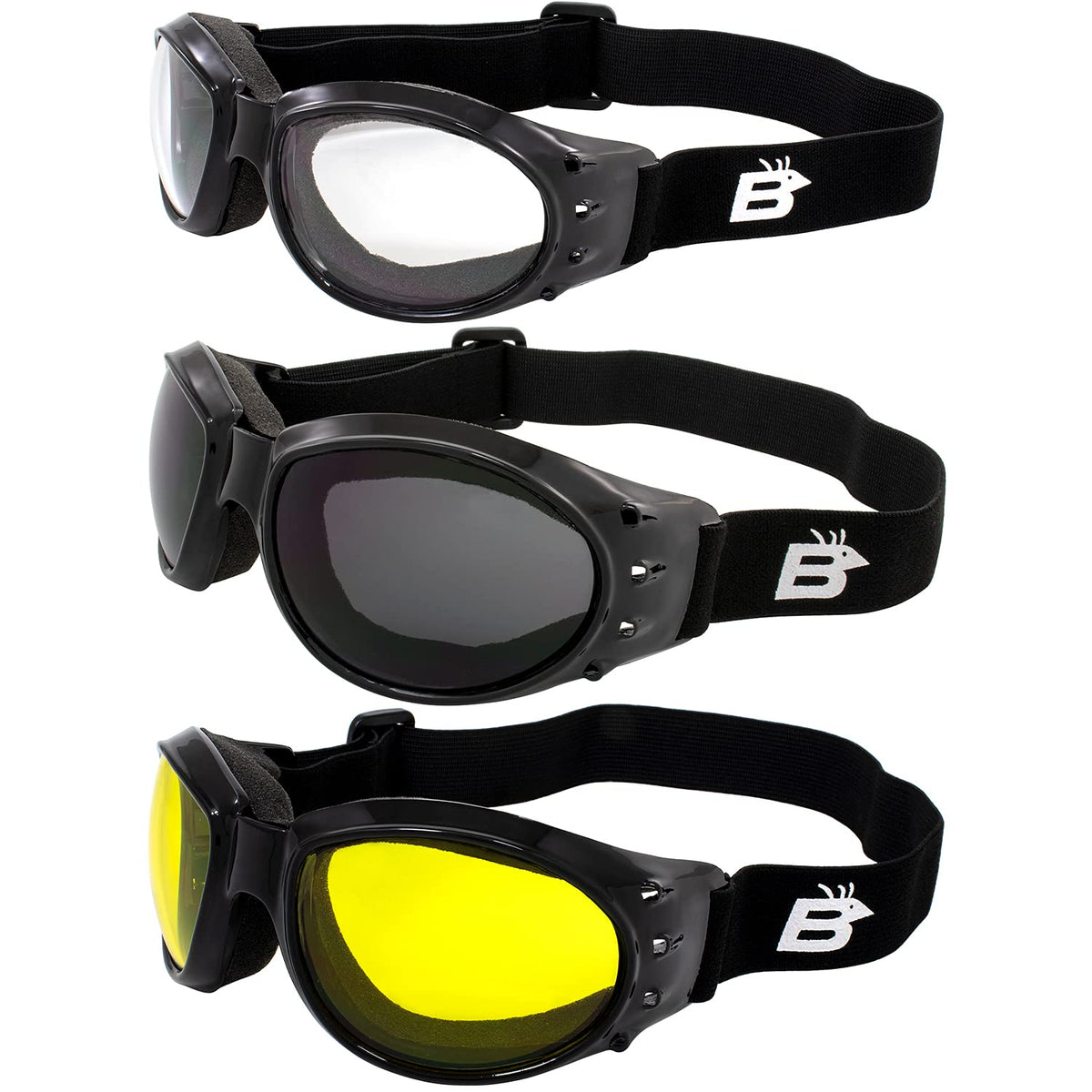 Birdz Eyewear Eagle Padded Motorcycle Goggles Airsoft Googles 3 Pairs Black Frames With Clear, Smoke, And Yellow Day And Night Riding Comfort You Should Have Googles For Any Weather Condition
