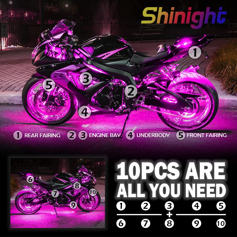 Shinight 10 Pcs Motorcycle Led Light Kits, App Control Multicolor Waterproof Motorcycle Led Strip Lights With Rf Remote, Music Sync & Multiple Scene Modes Rgb Led Lights For Motorcycles, Black