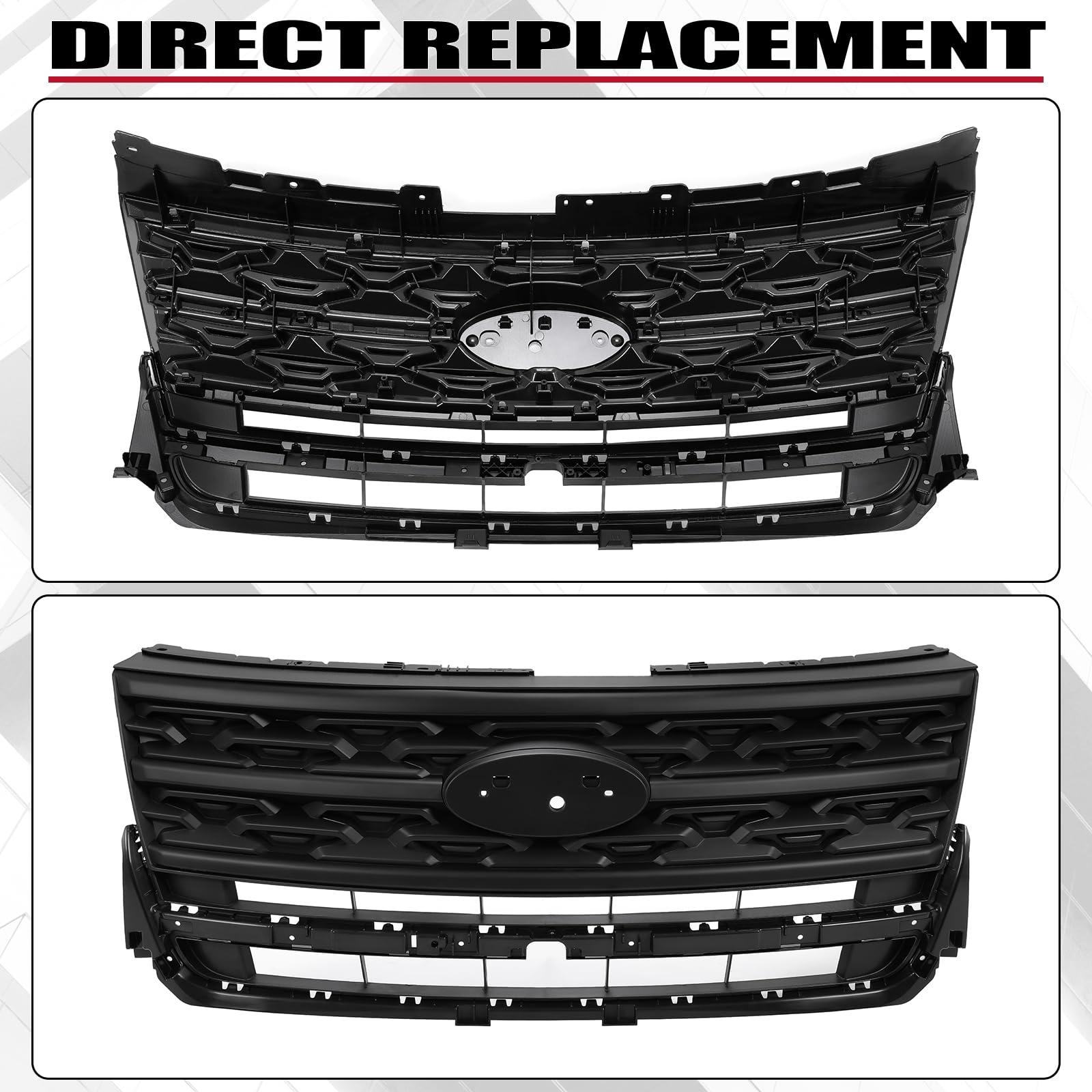 HECASA Grille Compatible with 2018-2019 Ford Explorer Base/Limited/Platinum/Sport/XLT Sport Utility 4-Door Front Bumper Upper Ho