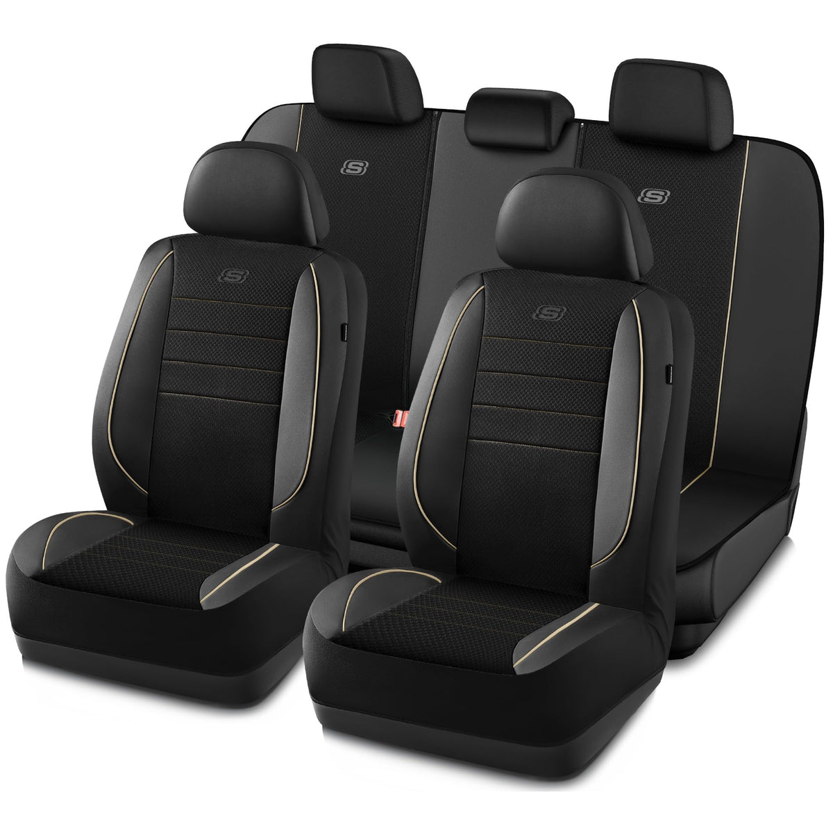 Skechers Memory Foam Car Seat Cover,Air Cool Mesh Thick Seat Covers,Piping Leather Car Seat Protector Full Sets,Airbag Compatibl