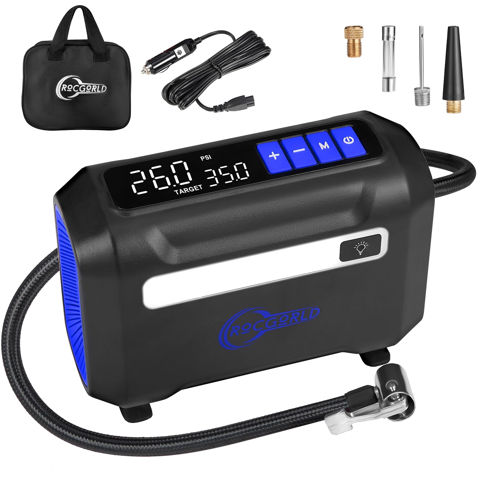 ROCGORLD R8 Tire Inflator Portable Air Compressor, DC 12V Air Compressor Portable with Large Dual Digital Screen, 3X Faster Infl
