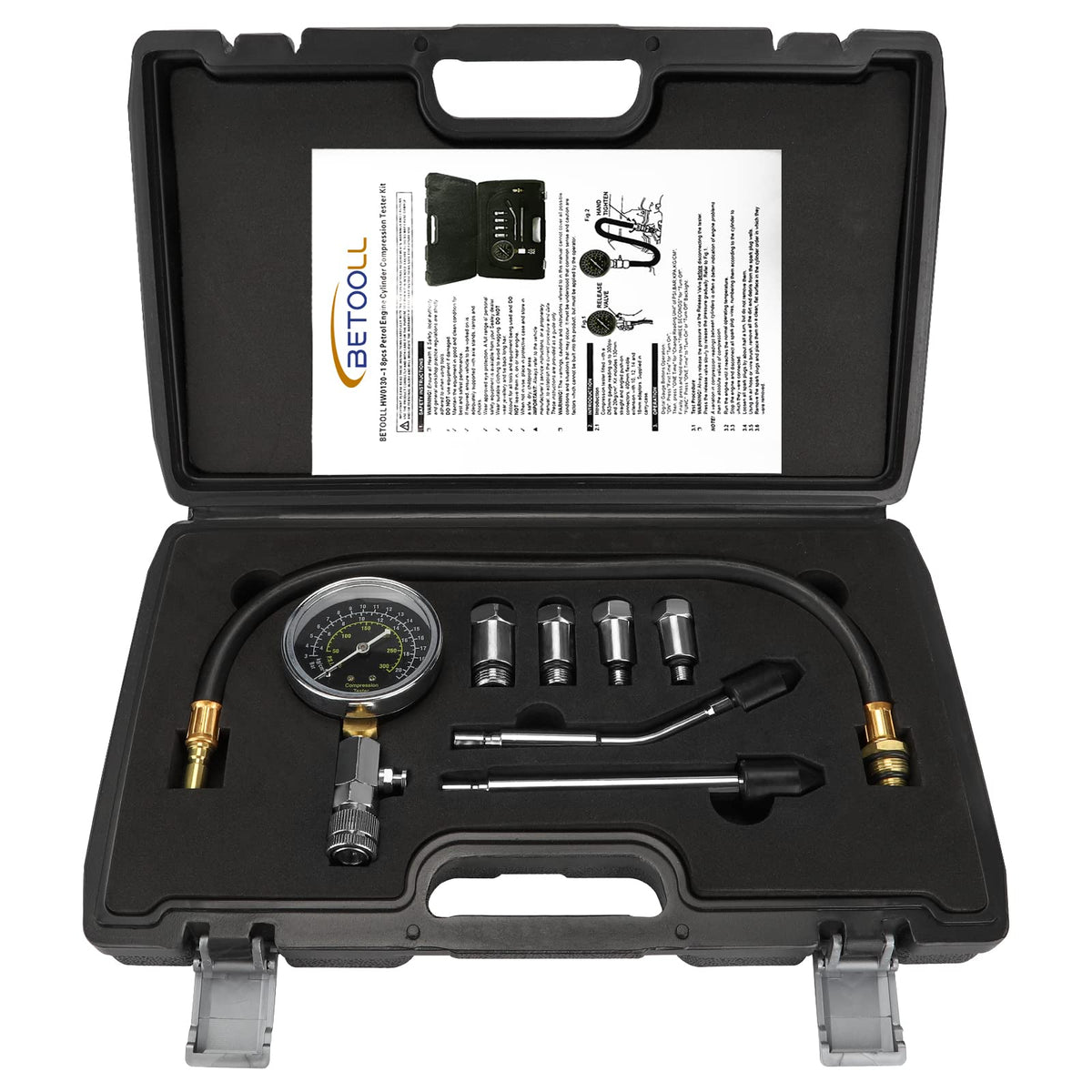 Betooll 8Pcs Petrol Engine Cylinder Compression Tester Kit Automotive Tool Gauge