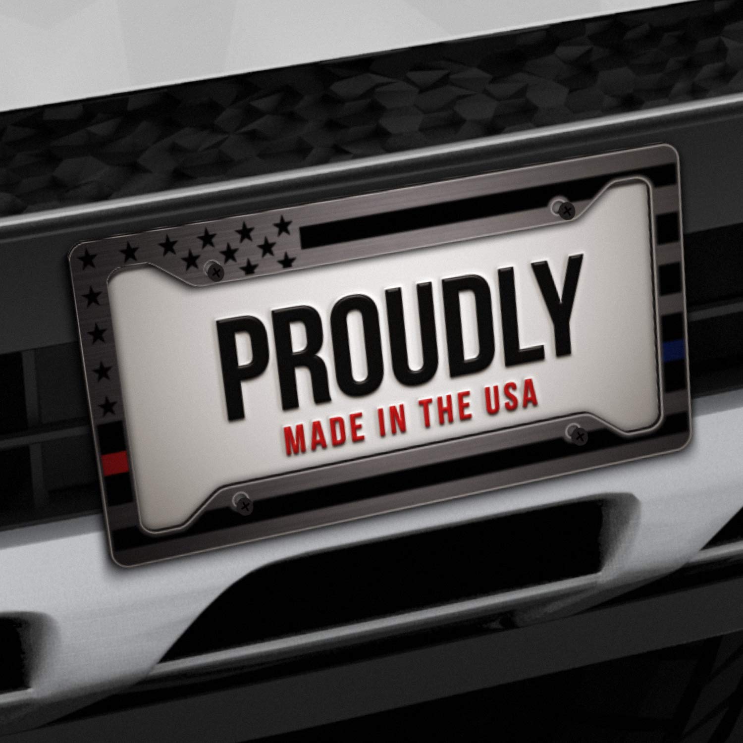Heavy Duty Thin Red Line American Flag License Plate Frame Matte Black On Brushed Aluminum Composite