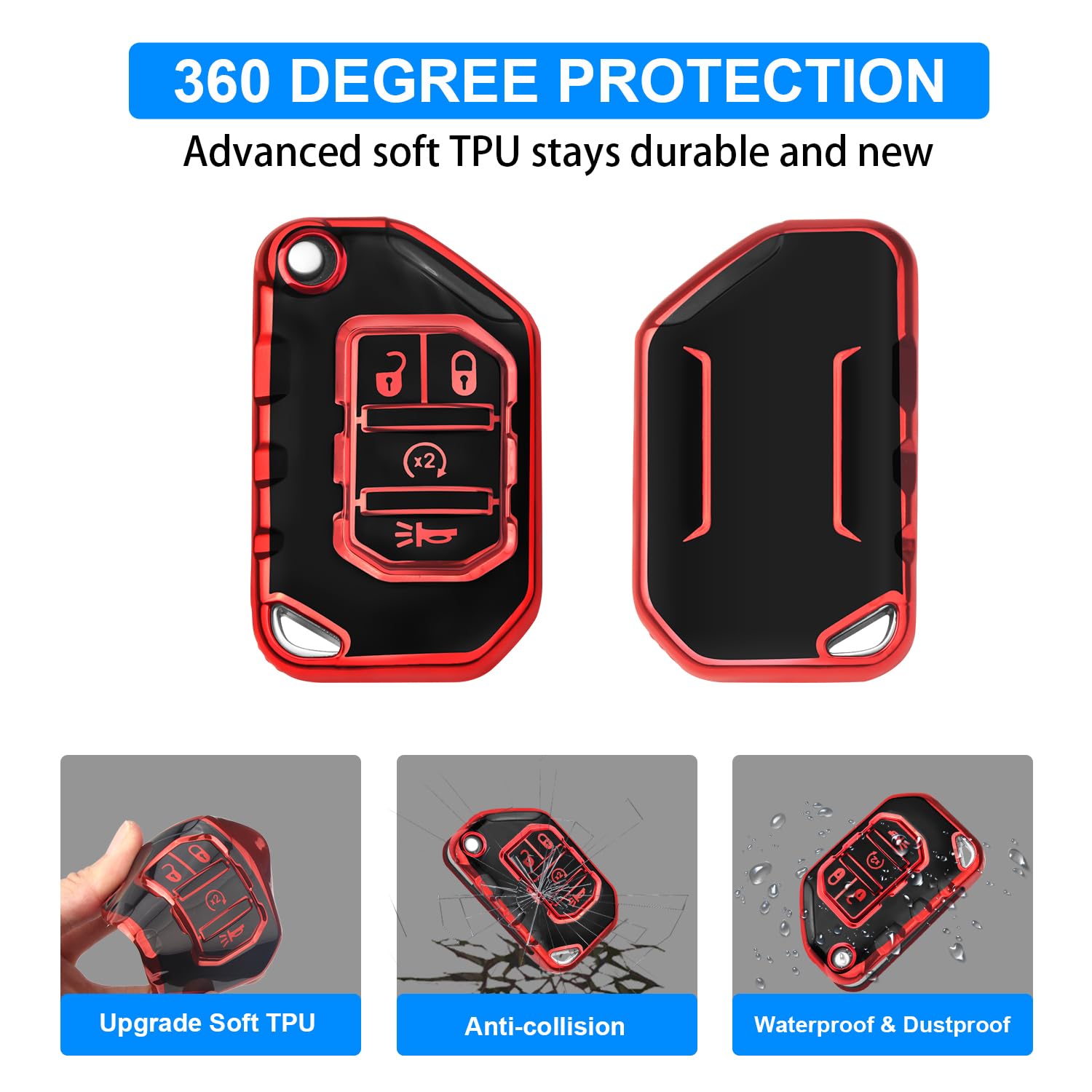 QBUC for Jeep Key Fob Cover with Keychain Compatible with Jeep Wrangler JLU JL Gladiator Rubicon JT Car Flip Key (red)