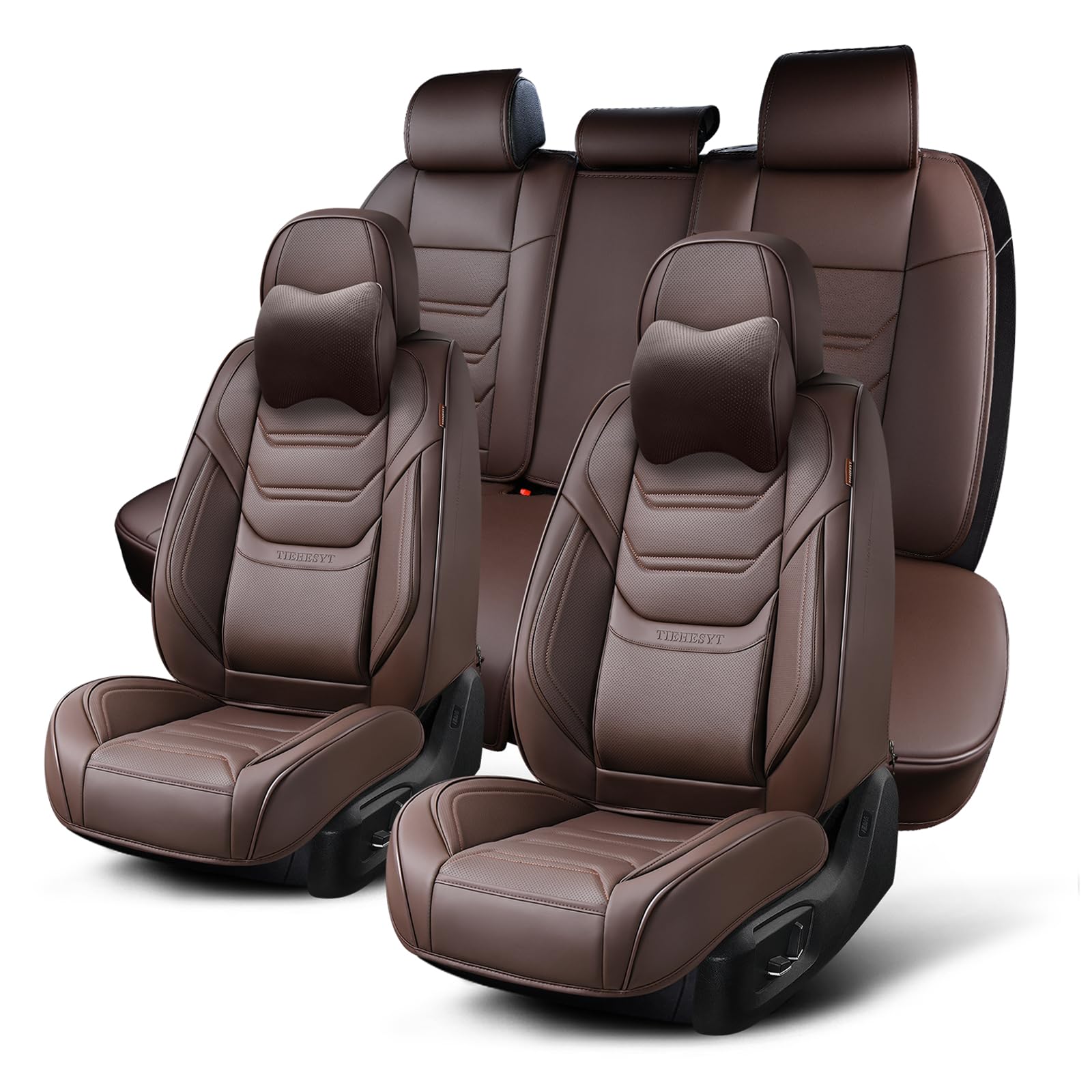 Tiehesyt Coffee Car Seat Covers Full Set, Breathable Leather Automotive Front And Rear Seat Covers With Headrest, Car Seat Prote