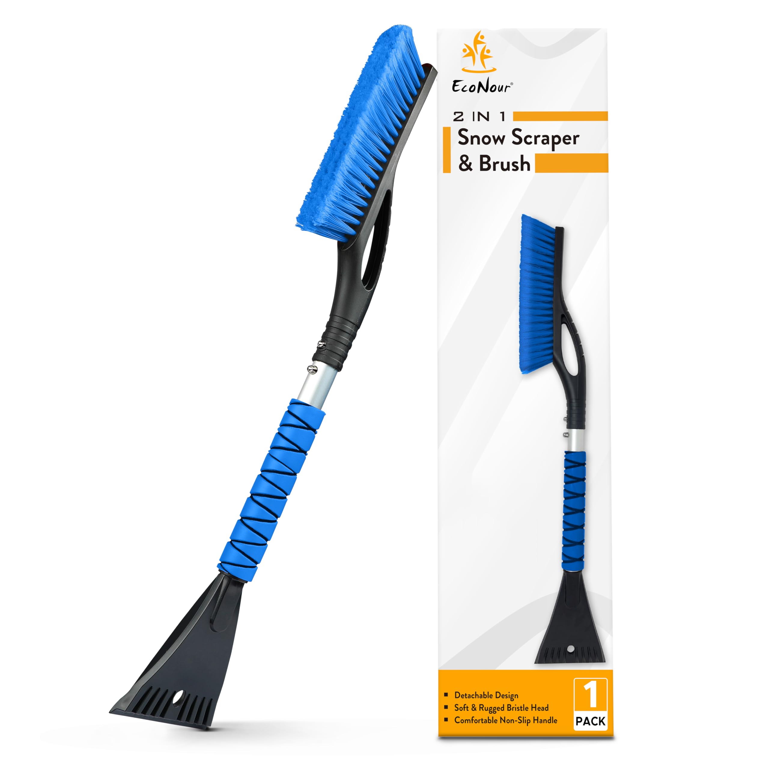 Econour 27'' Aluminum Car Snow Scraper And Brush | Weaved Bristle Head With Metal Body Ice Scraper For Car Windshield | Tough Sh