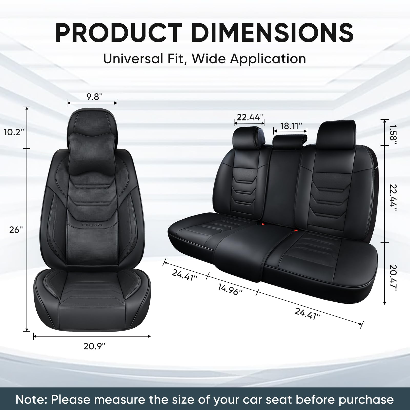 Tiehesyt Black Car Seat Covers Full Set, Breathable Leather Automotive Front And Rear Seat Covers With Headrest, Waterproof Auto