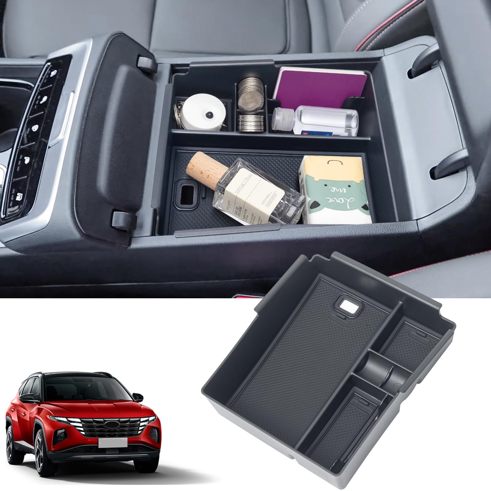 Pimcar Compatible With 2022-2024 Hyundai Tucson Limited/Tucson Hybrid Sel(Automatic Transmission Only)& 2022-2024 Santa Cruz Center Console Organizer Armrest Box Insert Tray Accessories -Black Mat