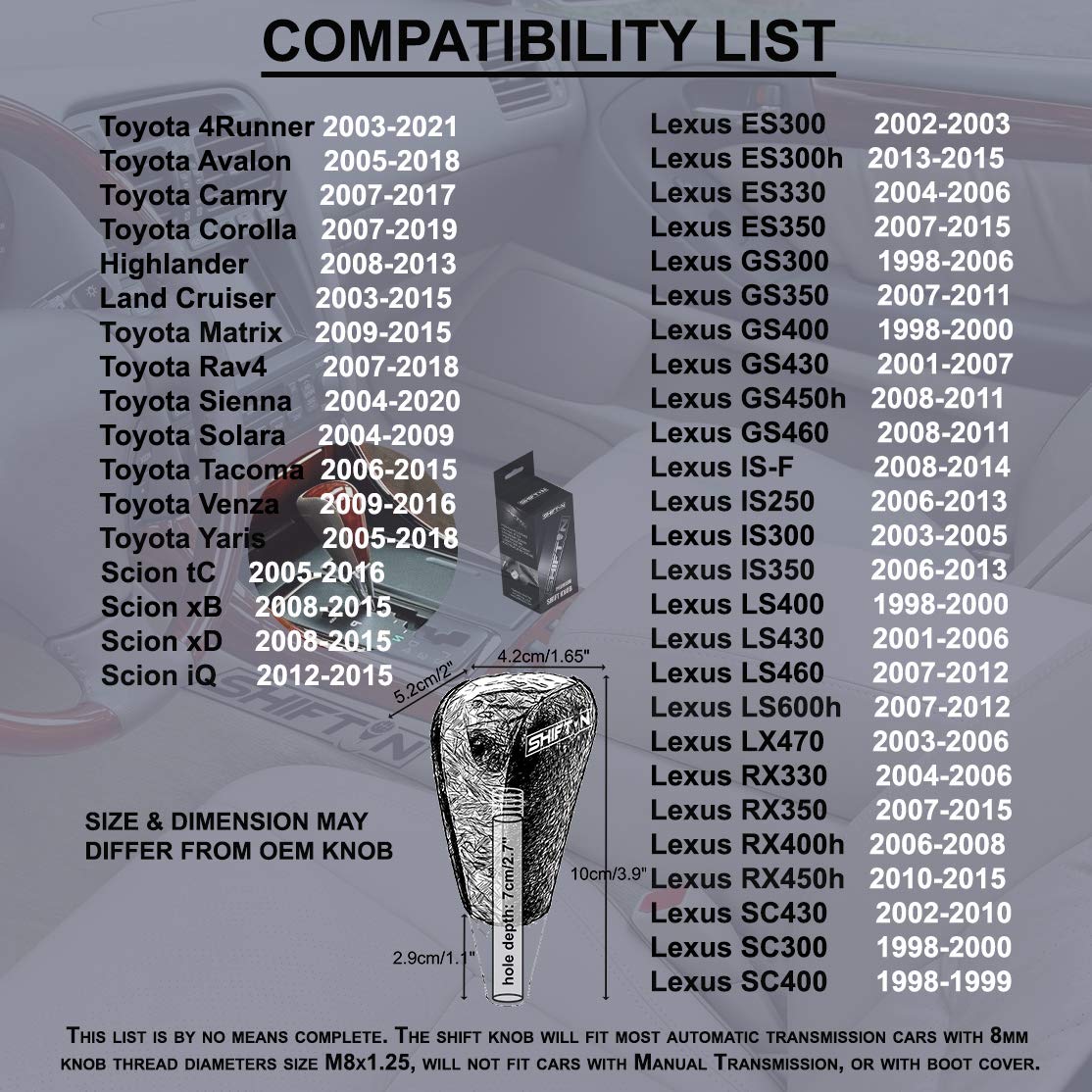Shiftin Carbon Fiber Gear Shift Knob Fits For Toyota Avalon Yaris 4Runner Sienna Camry Tacoma And Lexus Es Gs Sc Rx Ls (Black Le