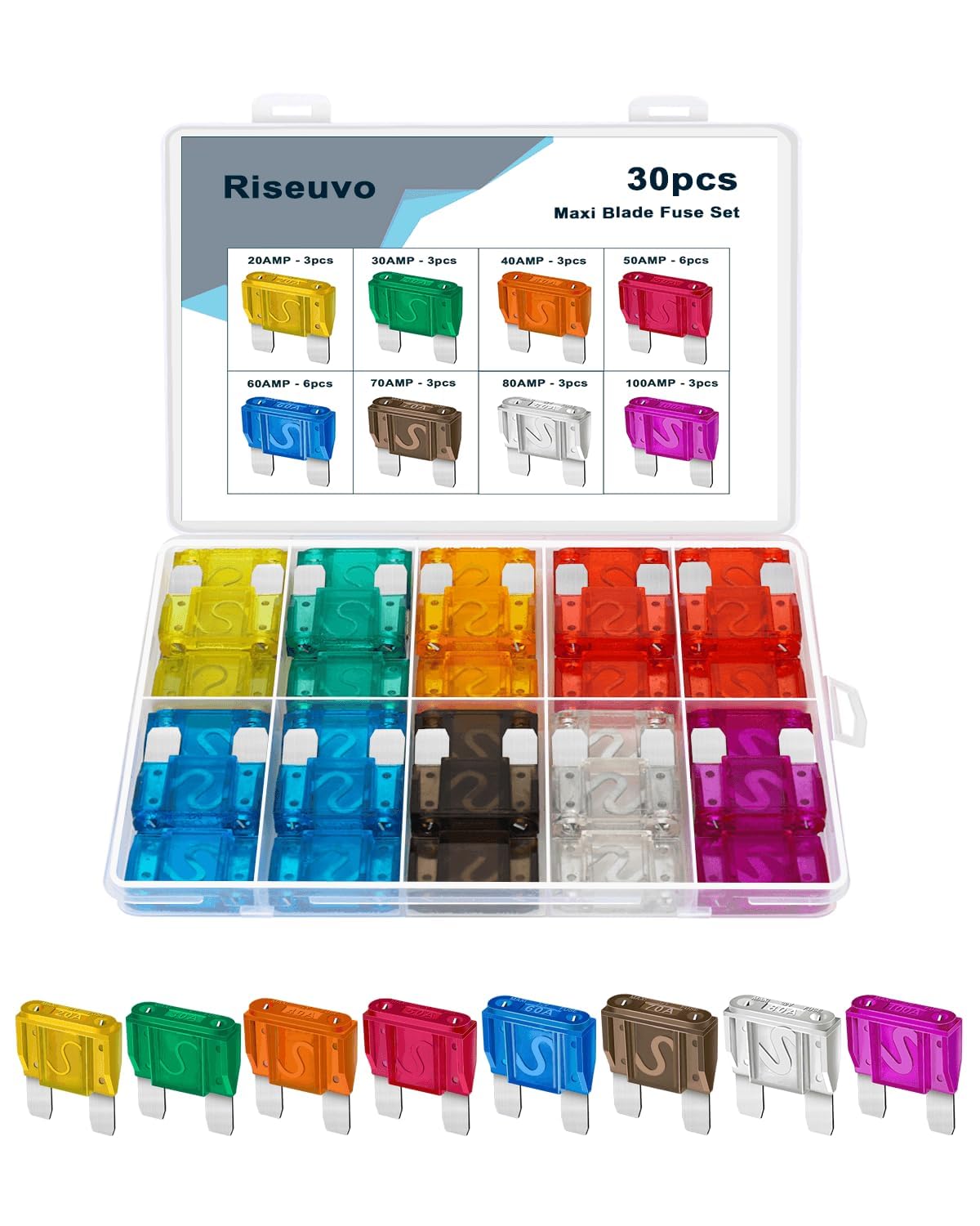 30 Pcs Maxi Fuses Assortment Kit - 32V Blade Automotive Fuse For Auto, Car, Truck, Rv (20A, 30A, 40A, 50A, 60A, 70A, 80A, 100A)