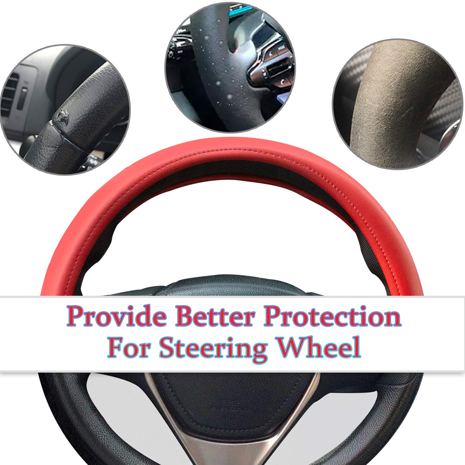 Evankin Red Leather Steering Wheel Cover, Comfortable And Soft Solid Color Universal Steering Wheel Cover 15 Inch, Suitable For