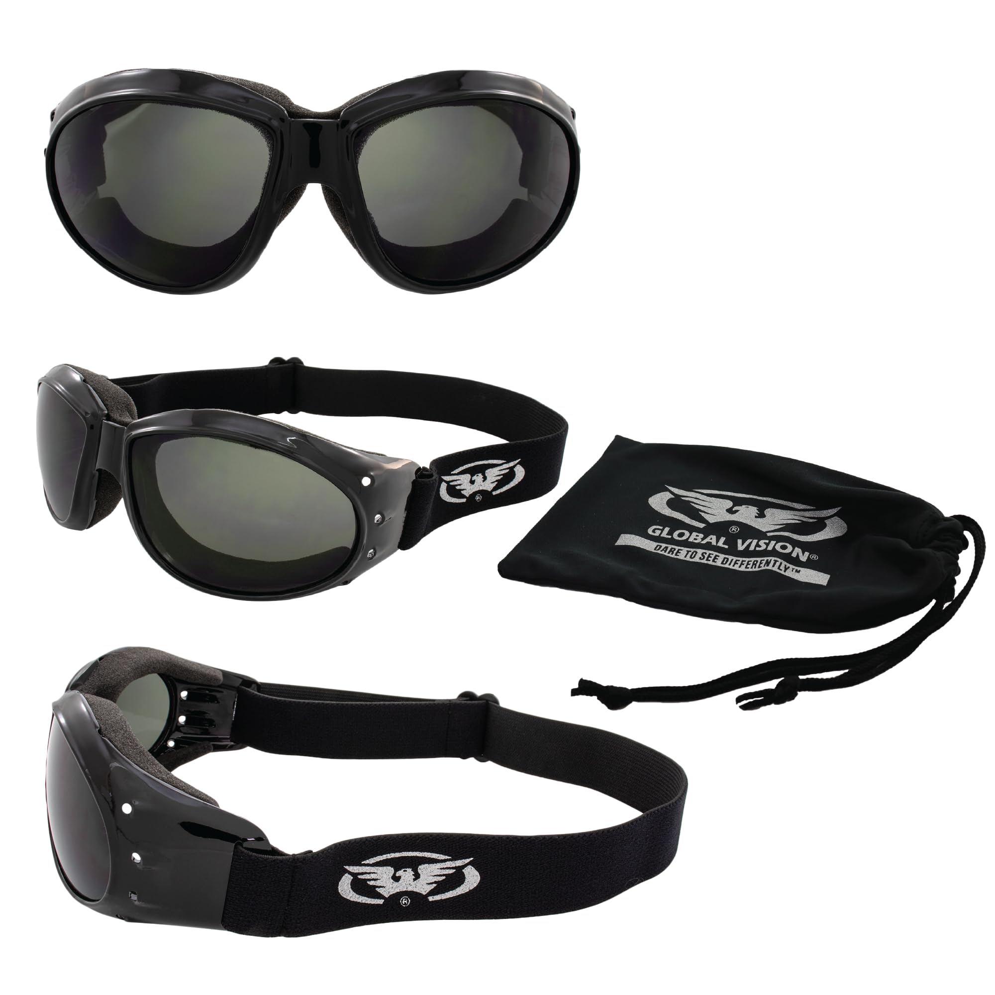 Global Vision Eliminator Deluxe Red Baron Style Padded Anti-Fog Motorcycle Goggles Black Frames (Clear And Smoke)