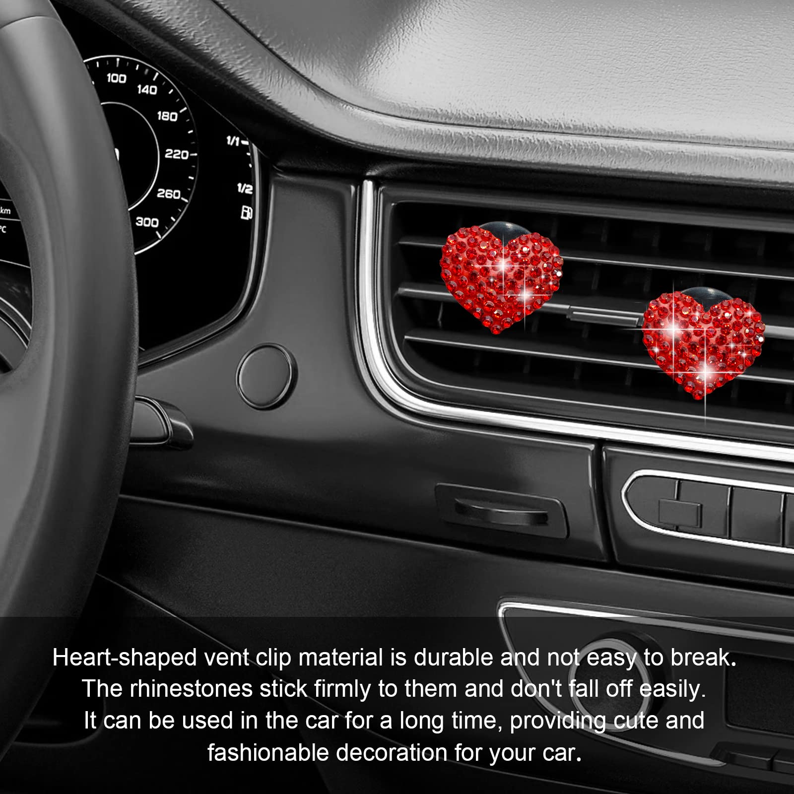 2Pcs Bling Crystal Heart Charms Car Air Vent Clips, Universal Car Interior Decoration Accessories (Red)