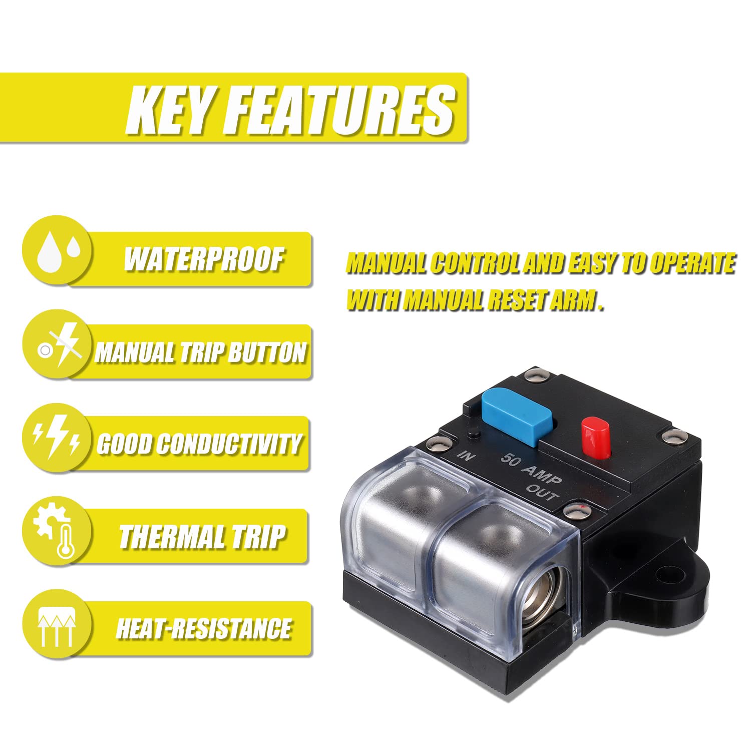 Eplzon 50A Circuit Breaker Resettable Circuit Breaker 50 Amp Self Recovery Circuit Breaker Manual Reset Button For Car Audio And