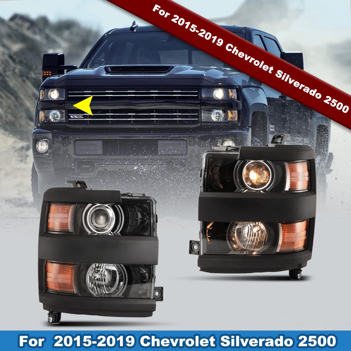 Roxx Headlight Assembly Fit For 2015-2019 Chevy Silverado 2500&3500, Low/High Beam Headlight Replacement For 2015-2019 Chevy Silverado 2500/3500, Black Housing With Clear Lens