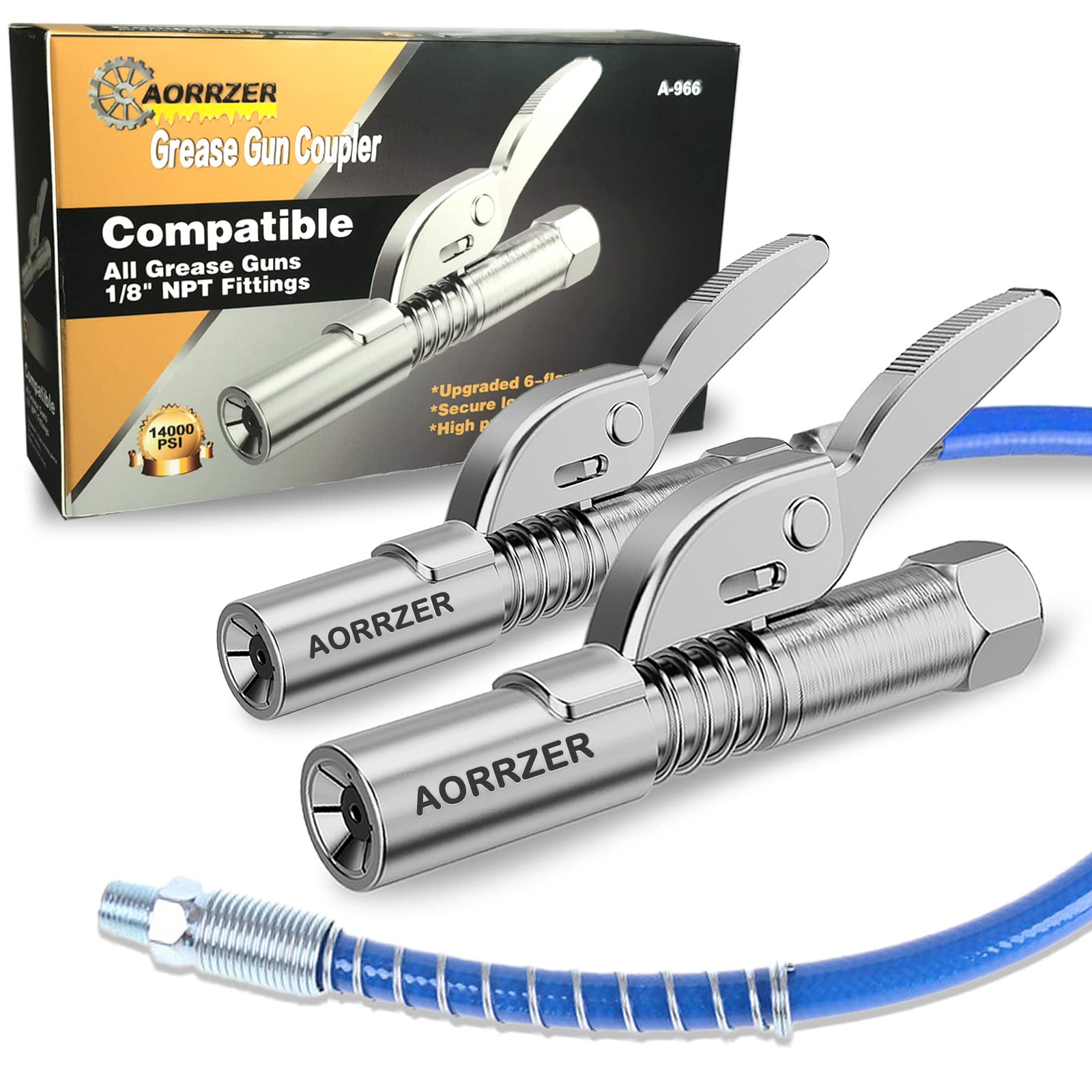 Aorrzer Grease Gun Coupler 2 Pcs, Strong Lock On Greases Gun Couplers, 12000 Psi Quick Release Grease Coupler With 12'' Spring F