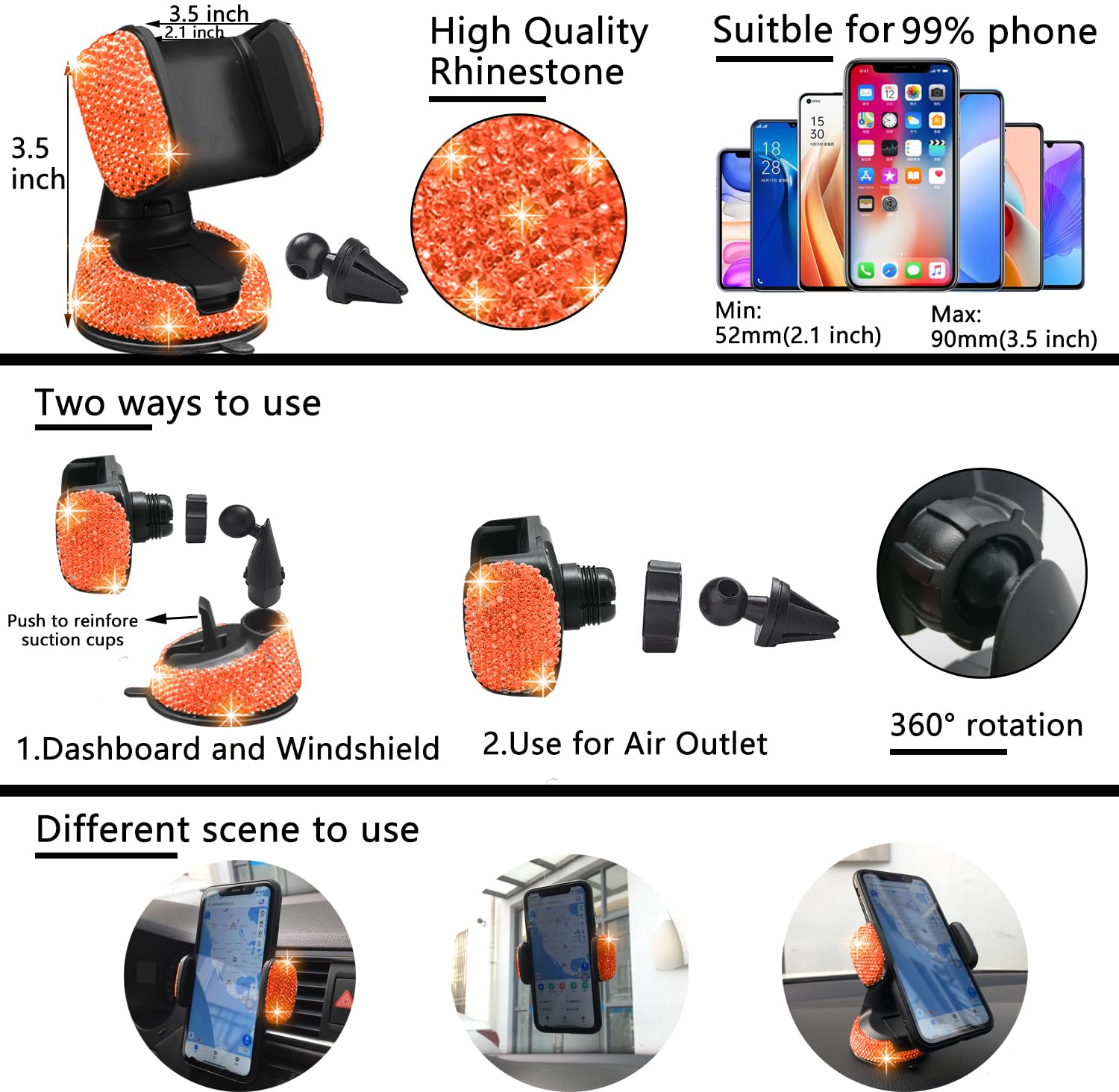 NBTEPEM 27 PCs Orange Bling Car Accessories Set for Women, Bling Steering Wheel Covers Universal Fit 15 Inch, Bling License Plat